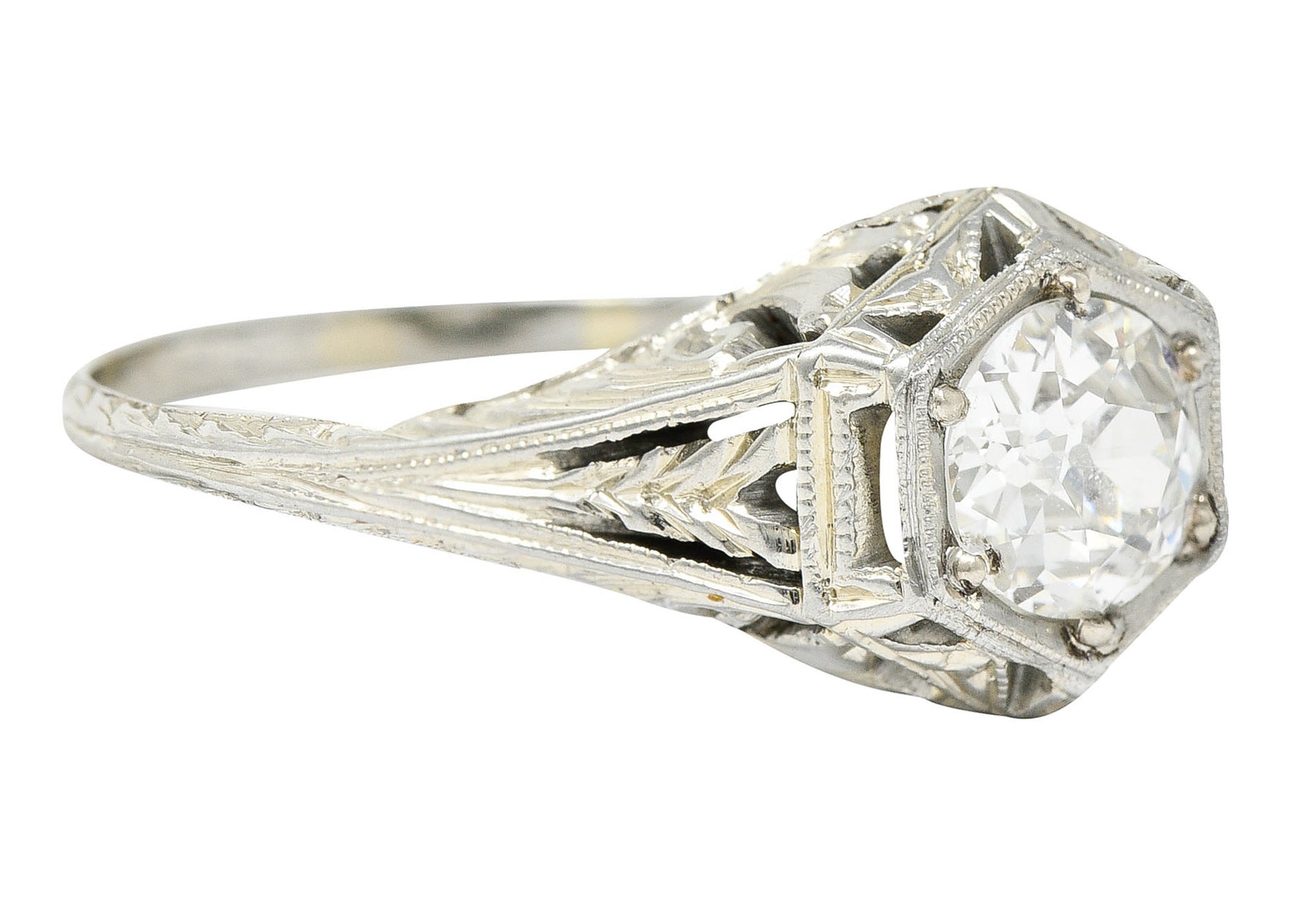 1926 Art Deco 0.76 CTW Diamond 18 Karat White Gold Hexagonal Engagement RingRing - Wilson's Estate Jewelry