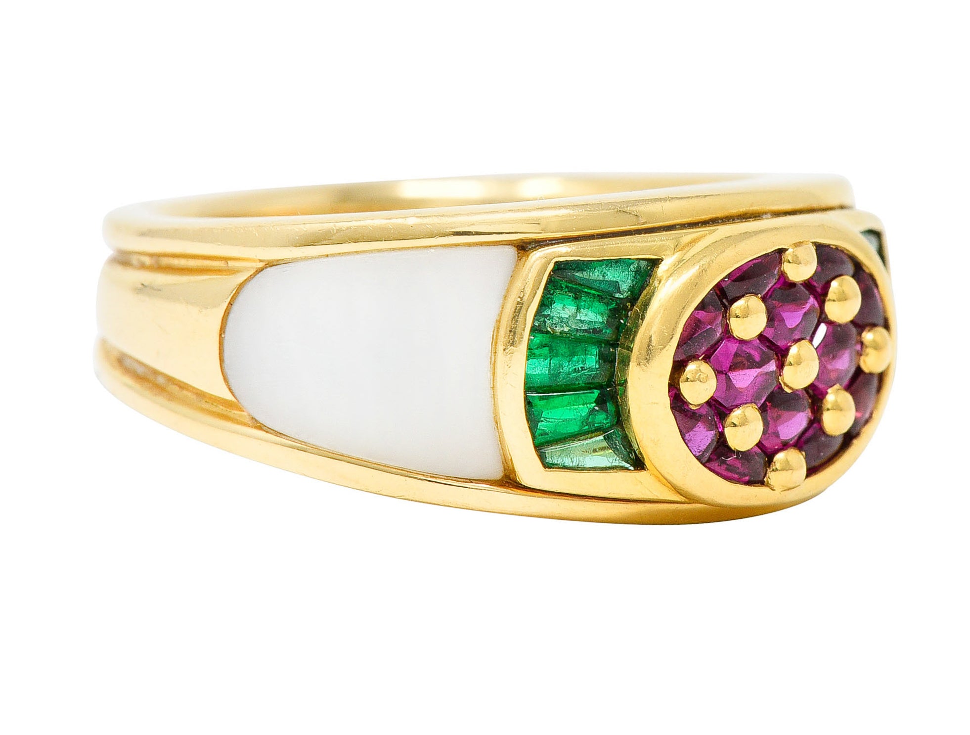 1990s Mauboussin Paris Ruby Emerald Mother-Of-Pearl 18 Karat Gold Band RingRing - Wilson's Estate Jewelry