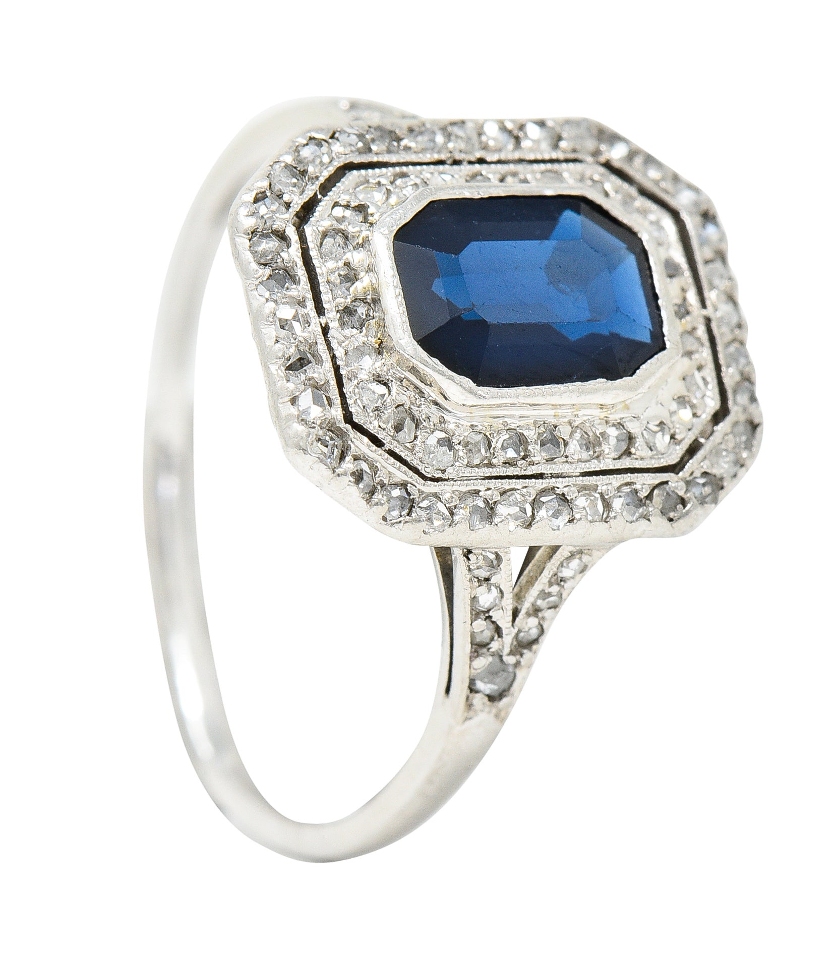 1920's Early Art Deco 1.75 CTW Sapphire Diamond Platinum Double Halo Ring Wilson's Estate Jewelry