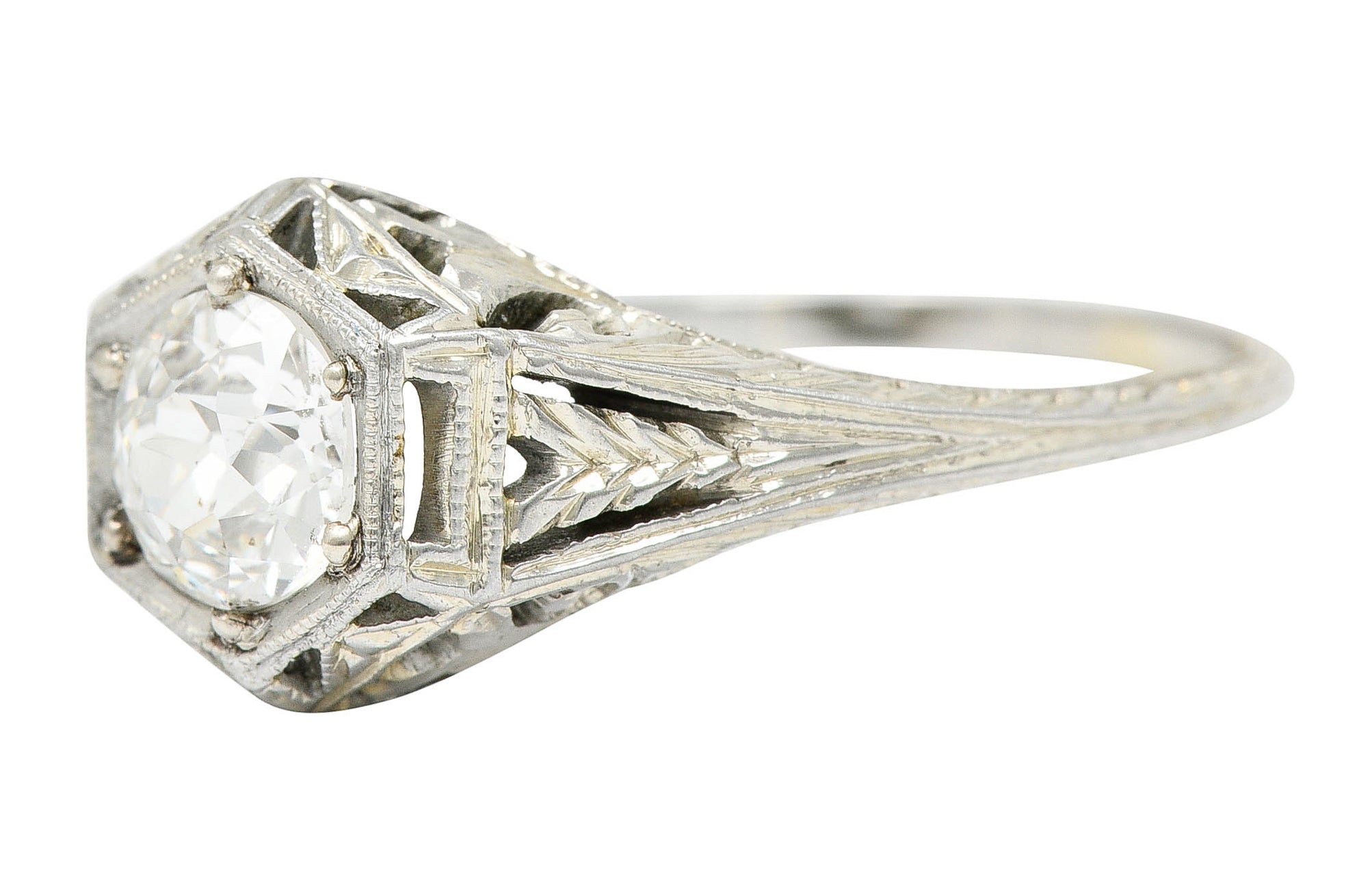 1926 Art Deco 0.76 CTW Diamond 18 Karat White Gold Hexagonal Engagement RingRing - Wilson's Estate Jewelry