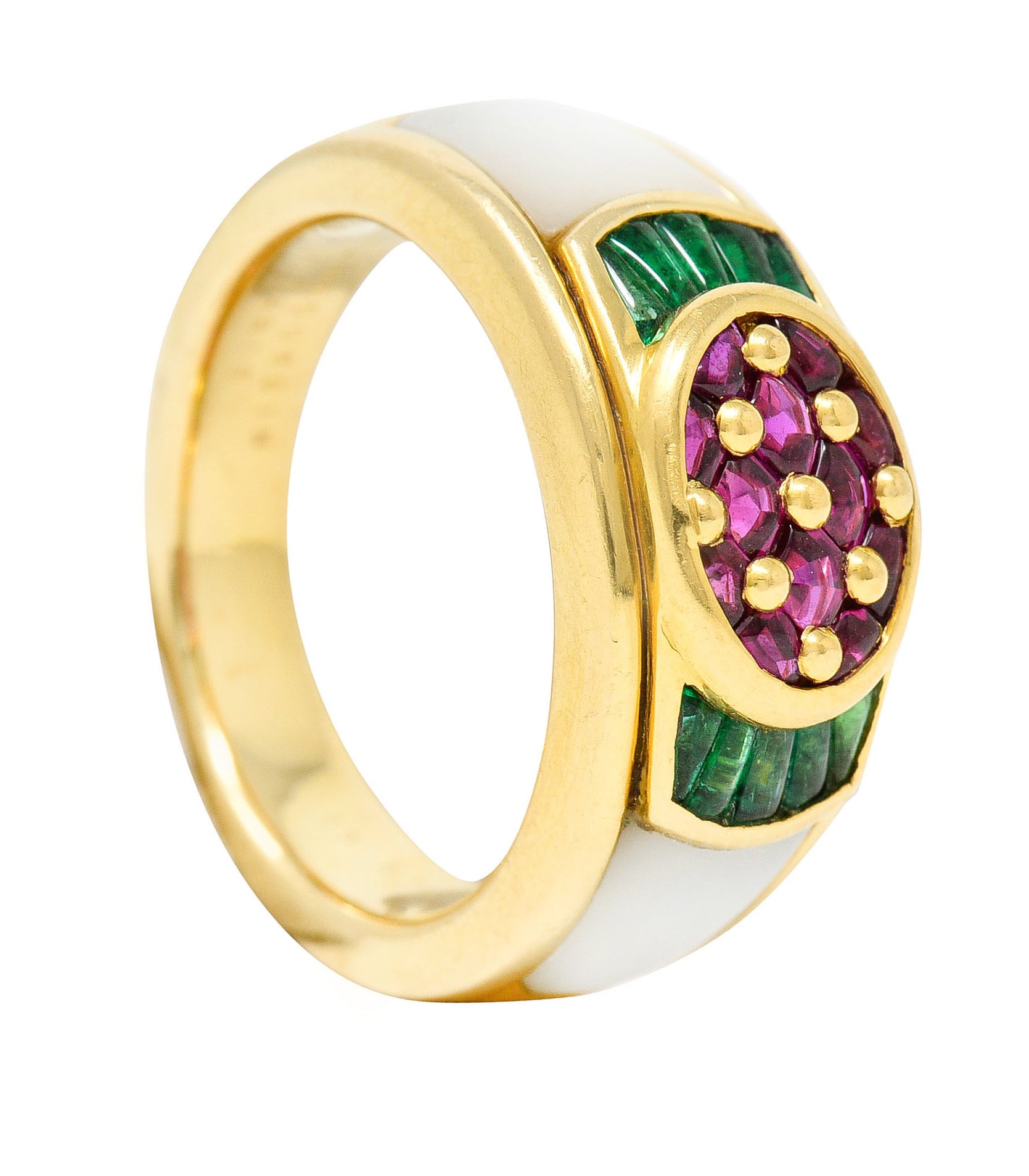 1990s Mauboussin Paris Ruby Emerald Mother-Of-Pearl 18 Karat Gold Band RingRing - Wilson's Estate Jewelry