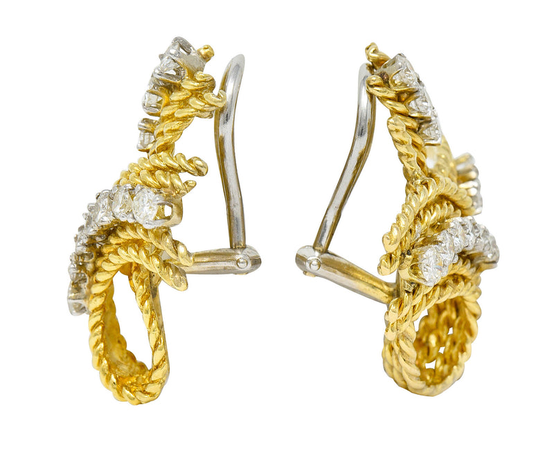 1950's Mid-Century 1.45 CTW Diamond 18 Karat Two-Tone Gold Twisted Rope Ear-Clip EarringsEarrings - Wilson's Estate Jewelry