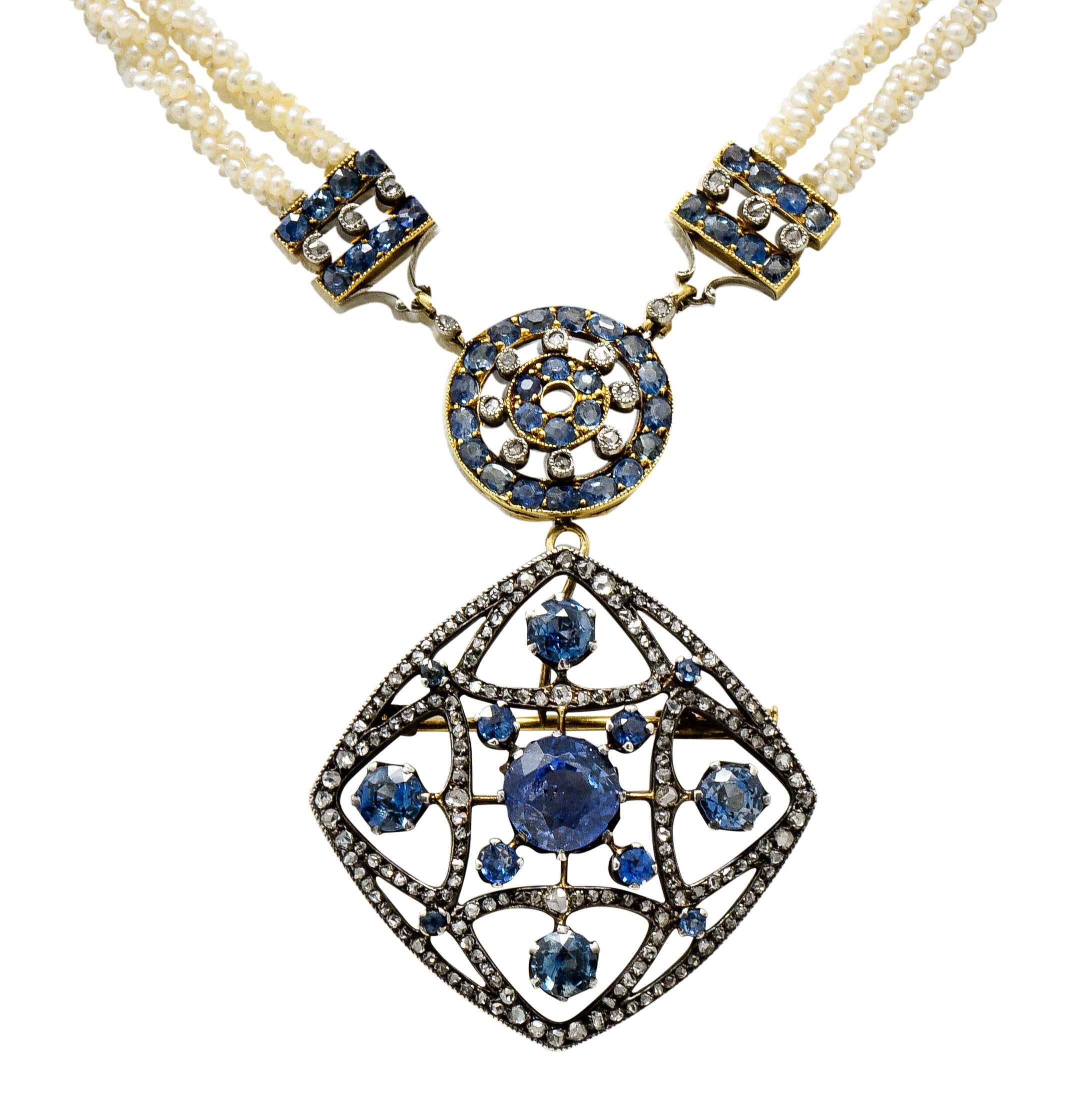 Victorian Sapphire Diamond Pearl Silver-Topped 18 Karat Gold Strand Pendant Sautoir NecklaceNecklace - Wilson's Estate Jewelry