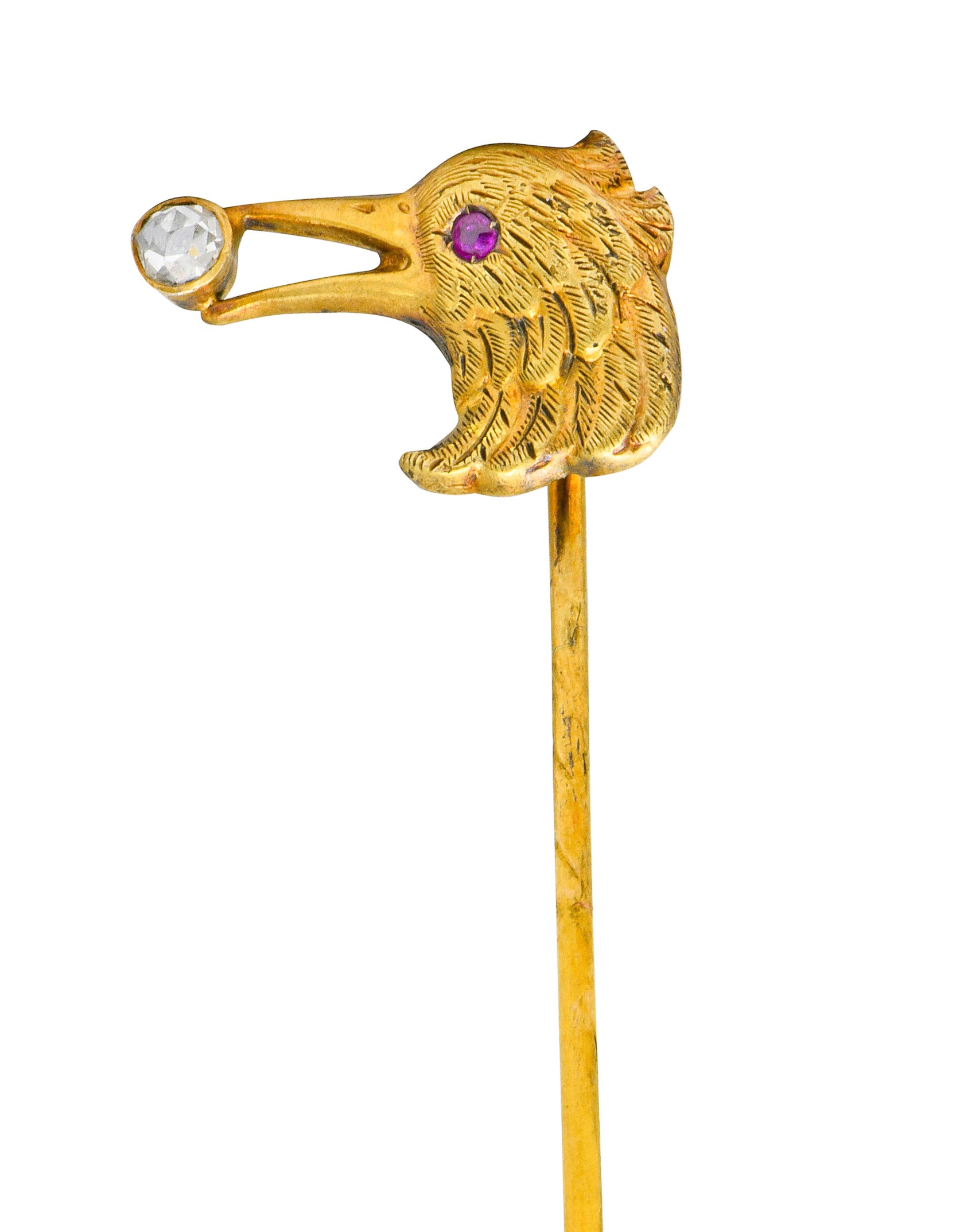 Victorian Rose Cut Diamond Ruby 18 Karat Gold Crow Bird Stickpin - Wilson's Estate Jewelry