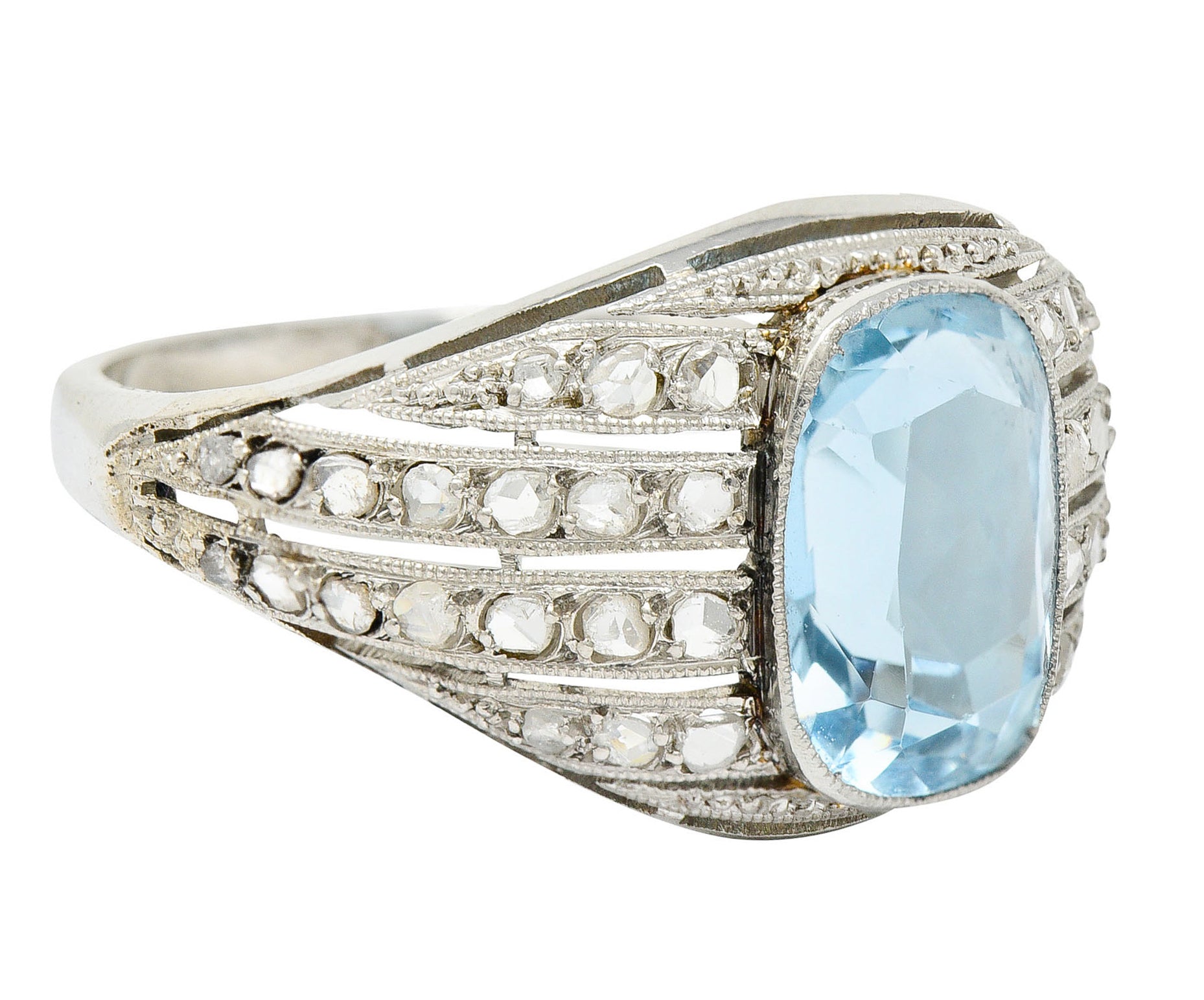 1920's Art Deco Aquamarine Diamond Platinum Bombe Band RingRing - Wilson's Estate Jewelry