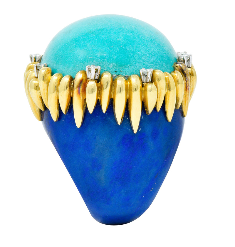 Substantial Vintage 1960's Turquoise Lapis Diamond 18 Karat Gold Statement RingRing - Wilson's Estate Jewelry