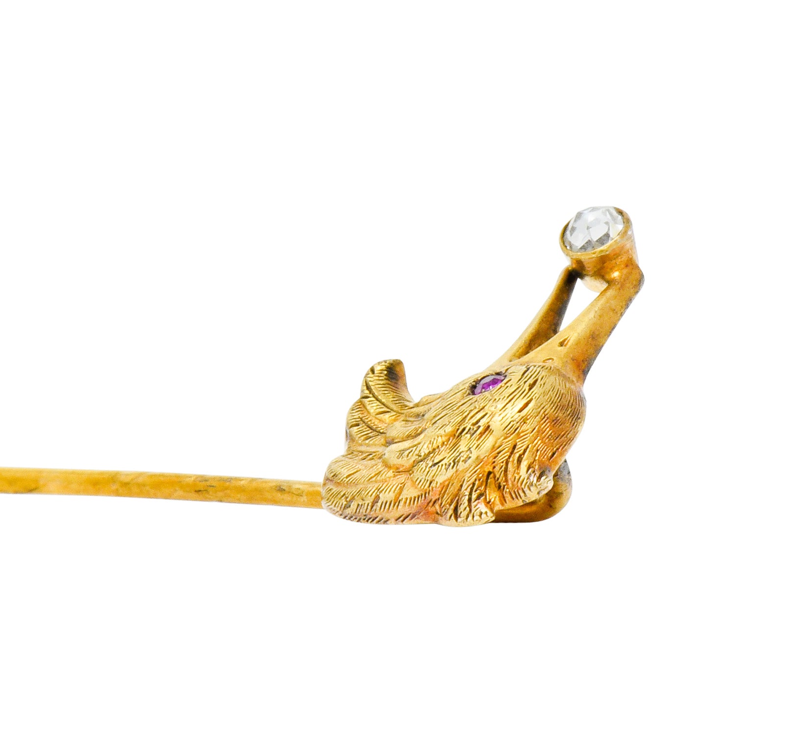 Victorian Rose Cut Diamond Ruby 18 Karat Gold Crow Bird Stickpin - Wilson's Estate Jewelry