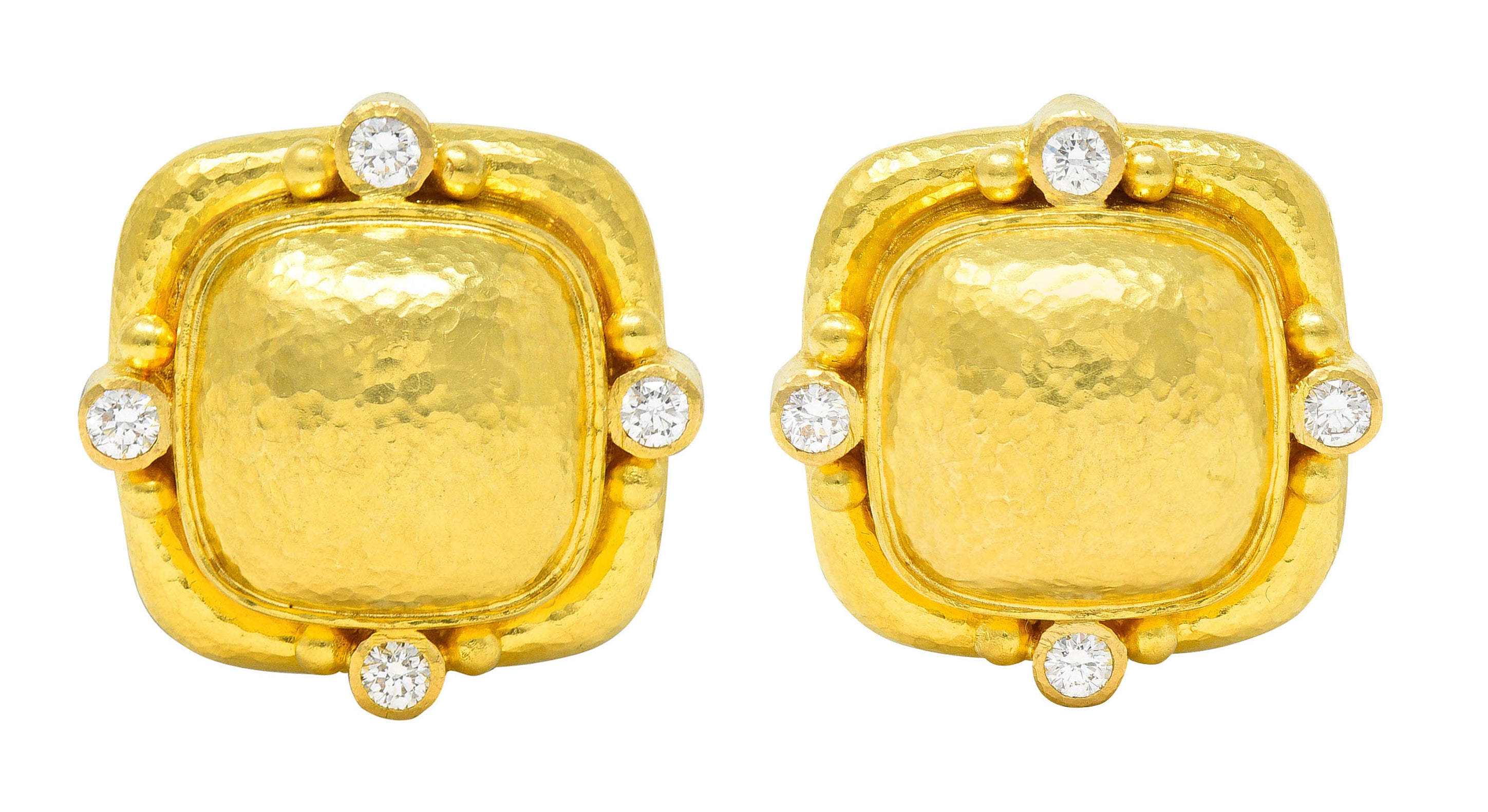 Elizabeth Locke Diamond 19 Karat Hammered Gold Cushion EarringsEarrings - Wilson's Estate Jewelry