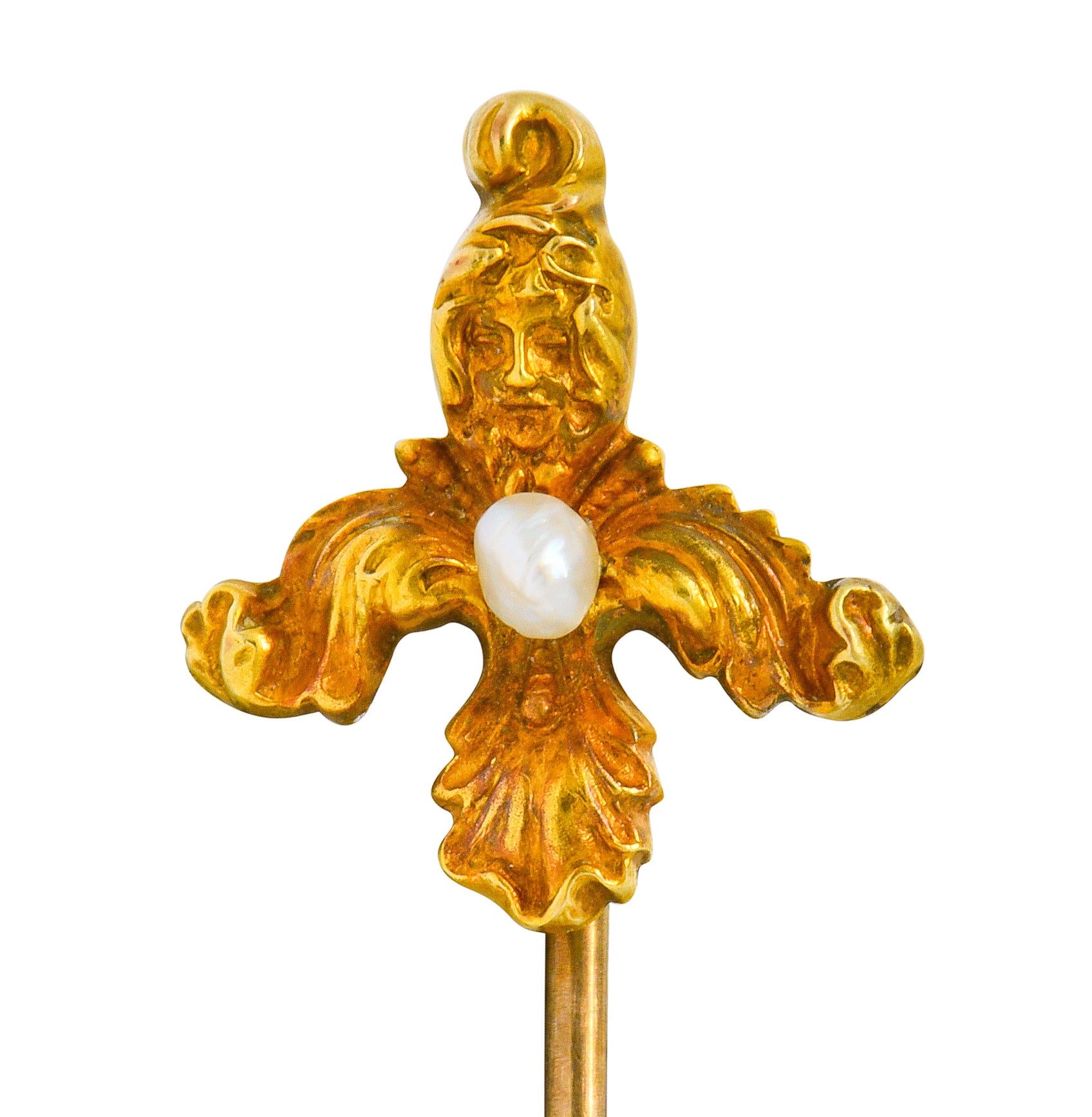 Art Nouveau Natural Freshwater Pearl 14 Karat Gold Scrolled Foliate Green Man Stickpin - Wilson's Estate Jewelry