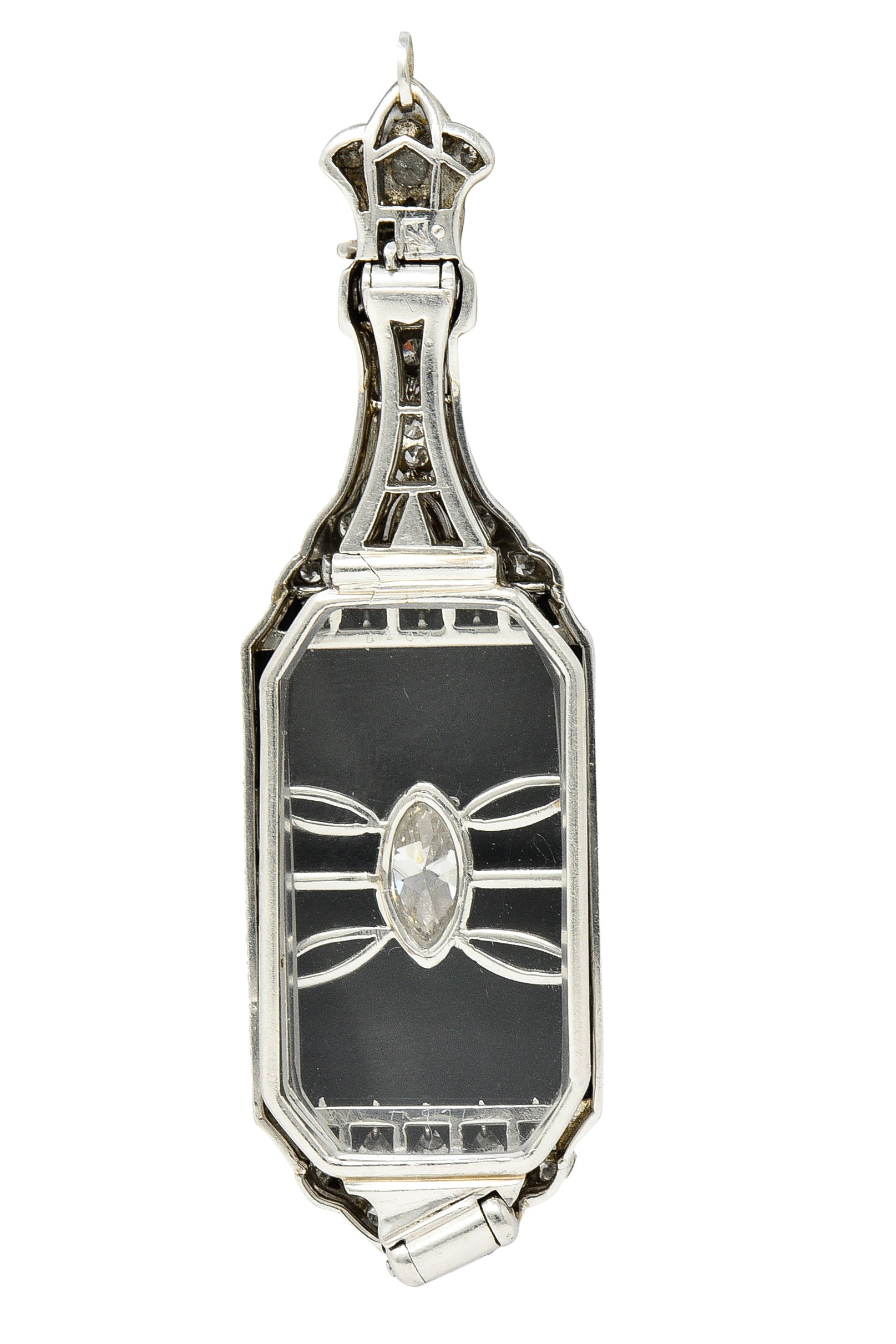 Art Deco Diamond Onyx Platinum Lorgnette Eyeglass Pendant Wilson's Estate Jewelry