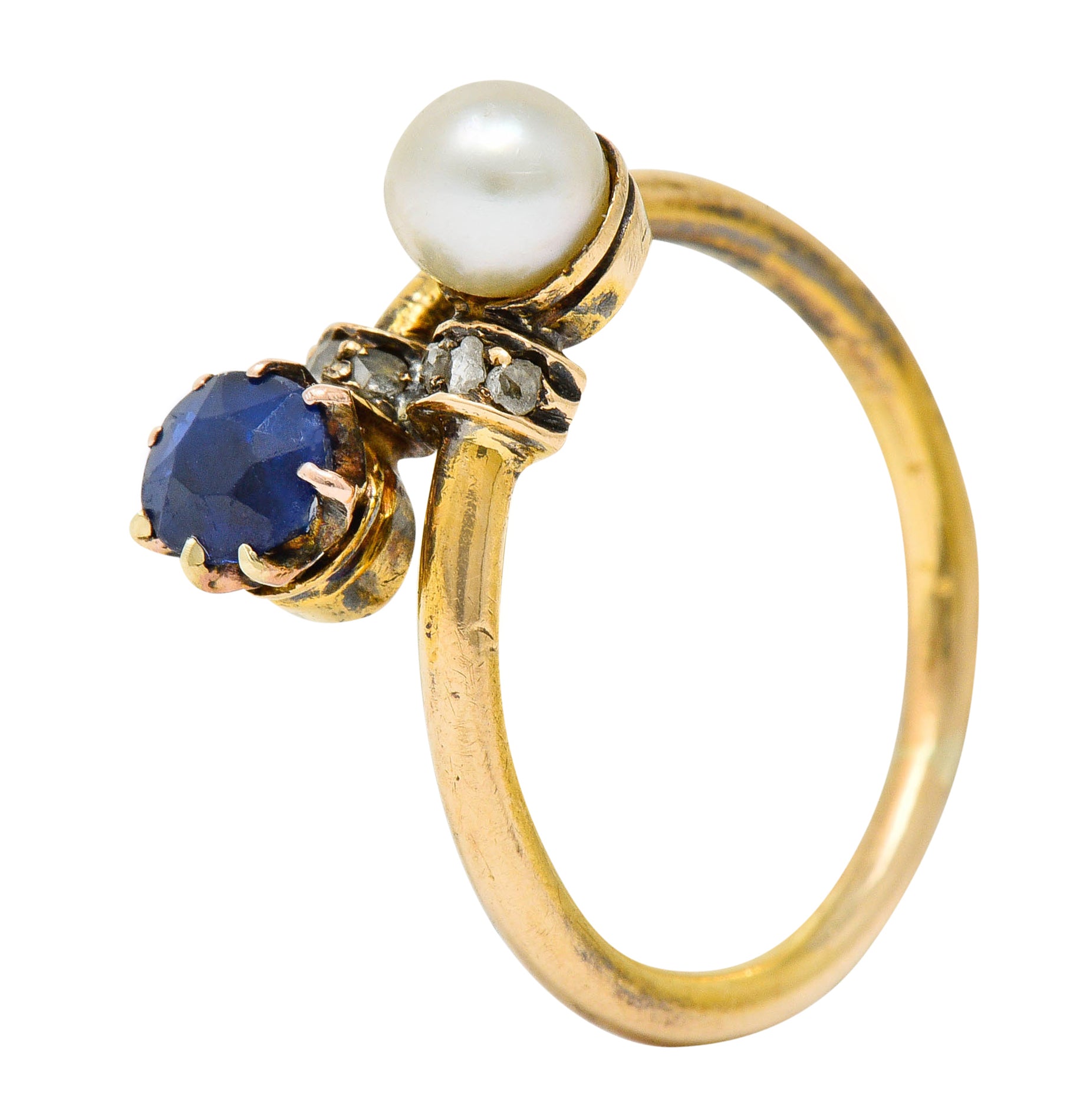 Victorian Sapphire Pearl Diamond 18 Karat Gold Bypass RingRing - Wilson's Estate Jewelry