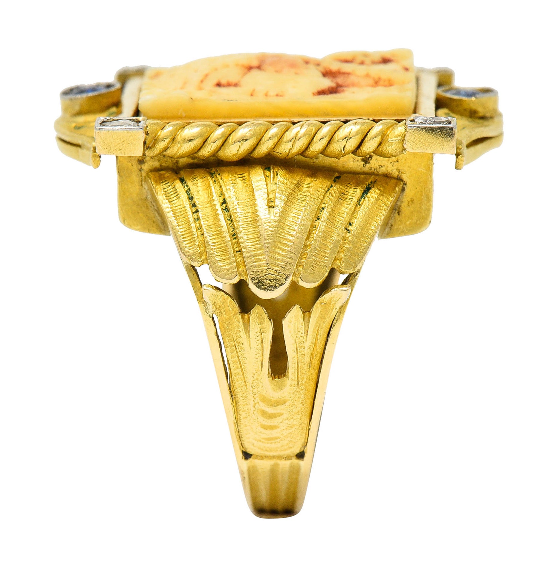 Hindu Sapphire Diamond Carved Bone 22 Karat Gold Lakshmi Goddess RingRing - Wilson's Estate Jewelry