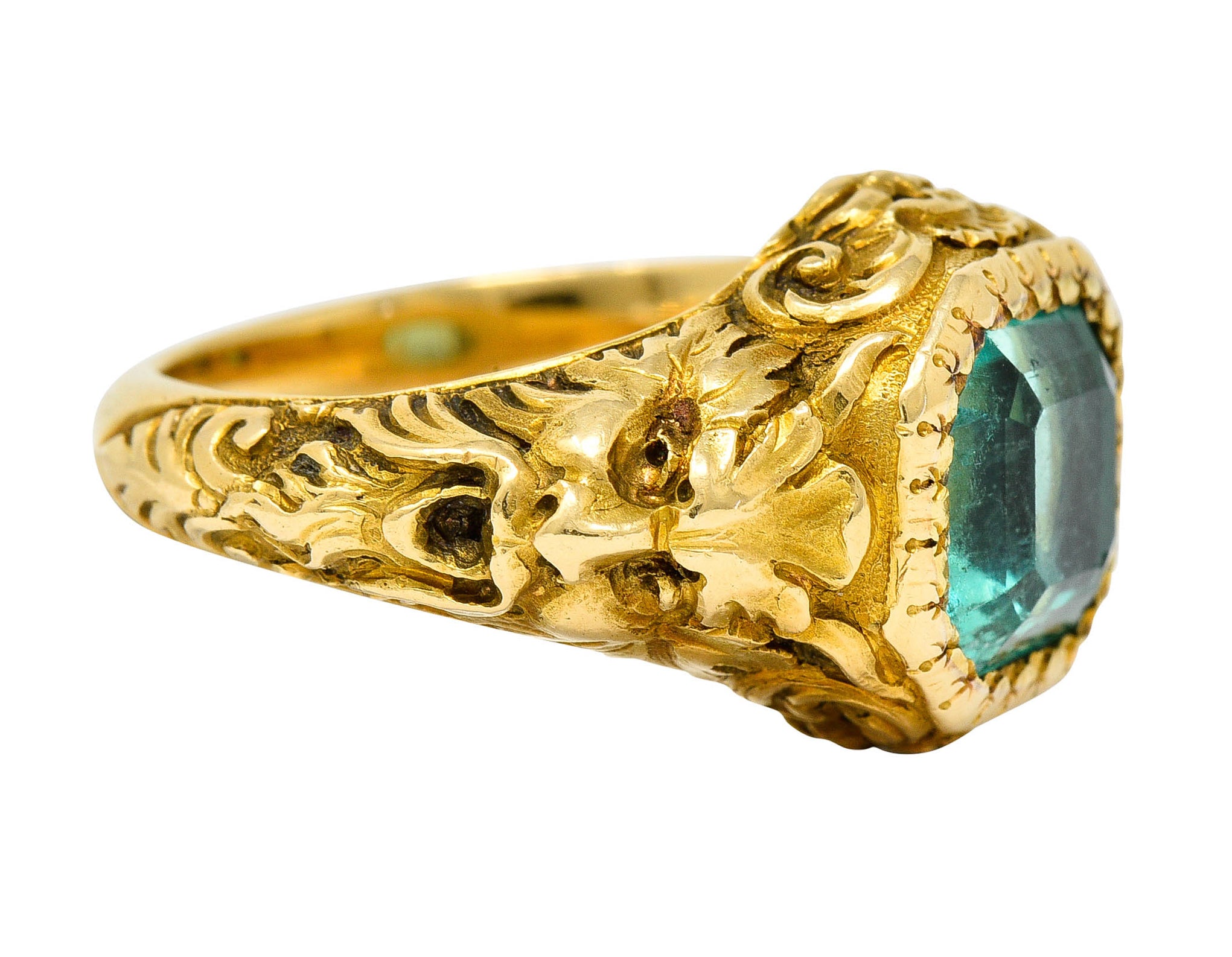 Art Nouveau Emerald 18 Karat Gold Green Man Unisex Men's Signet RingRing - Wilson's Estate Jewelry