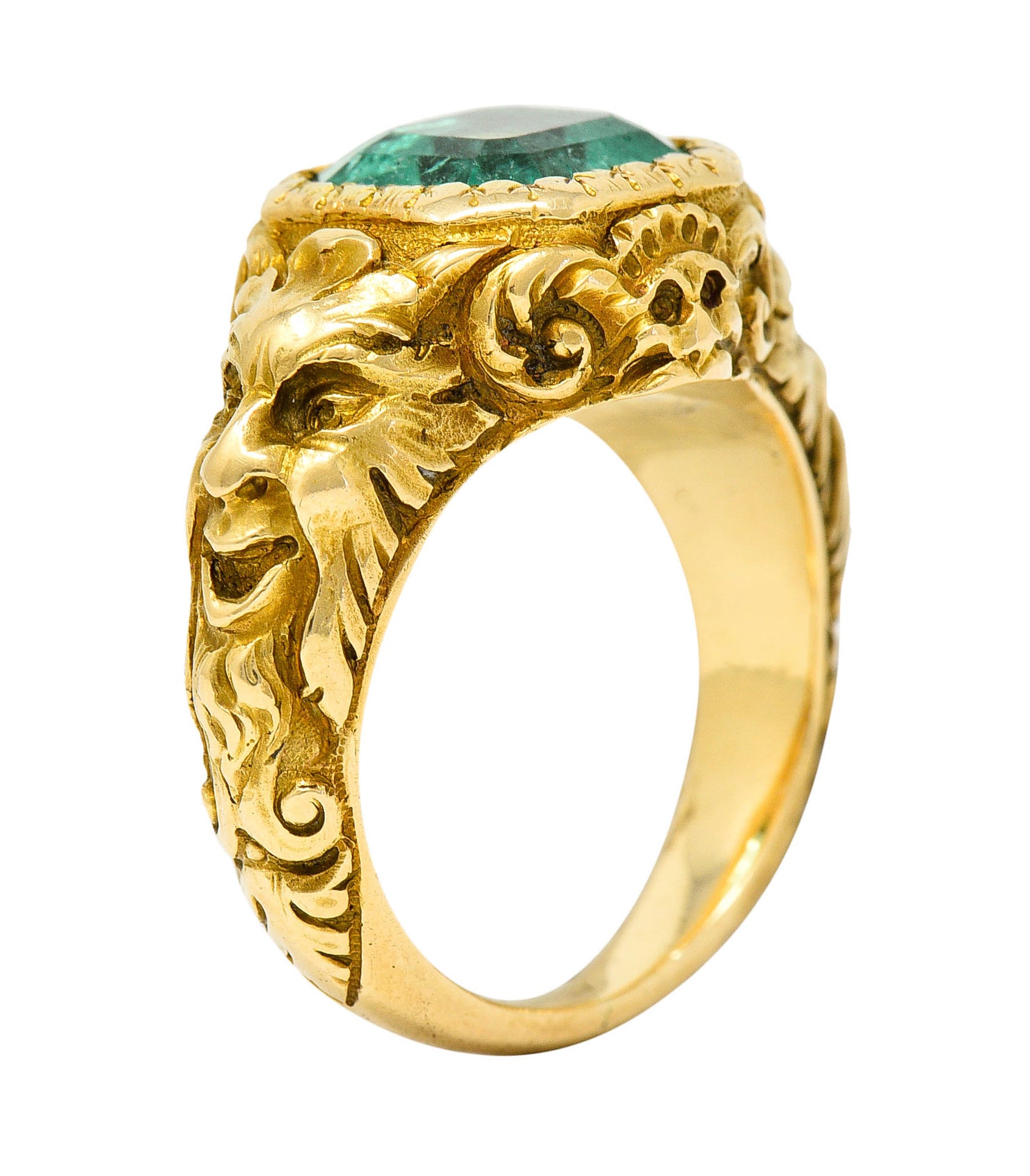 Art Nouveau Emerald 18 Karat Gold Green Man Unisex Men's Signet RingRing - Wilson's Estate Jewelry