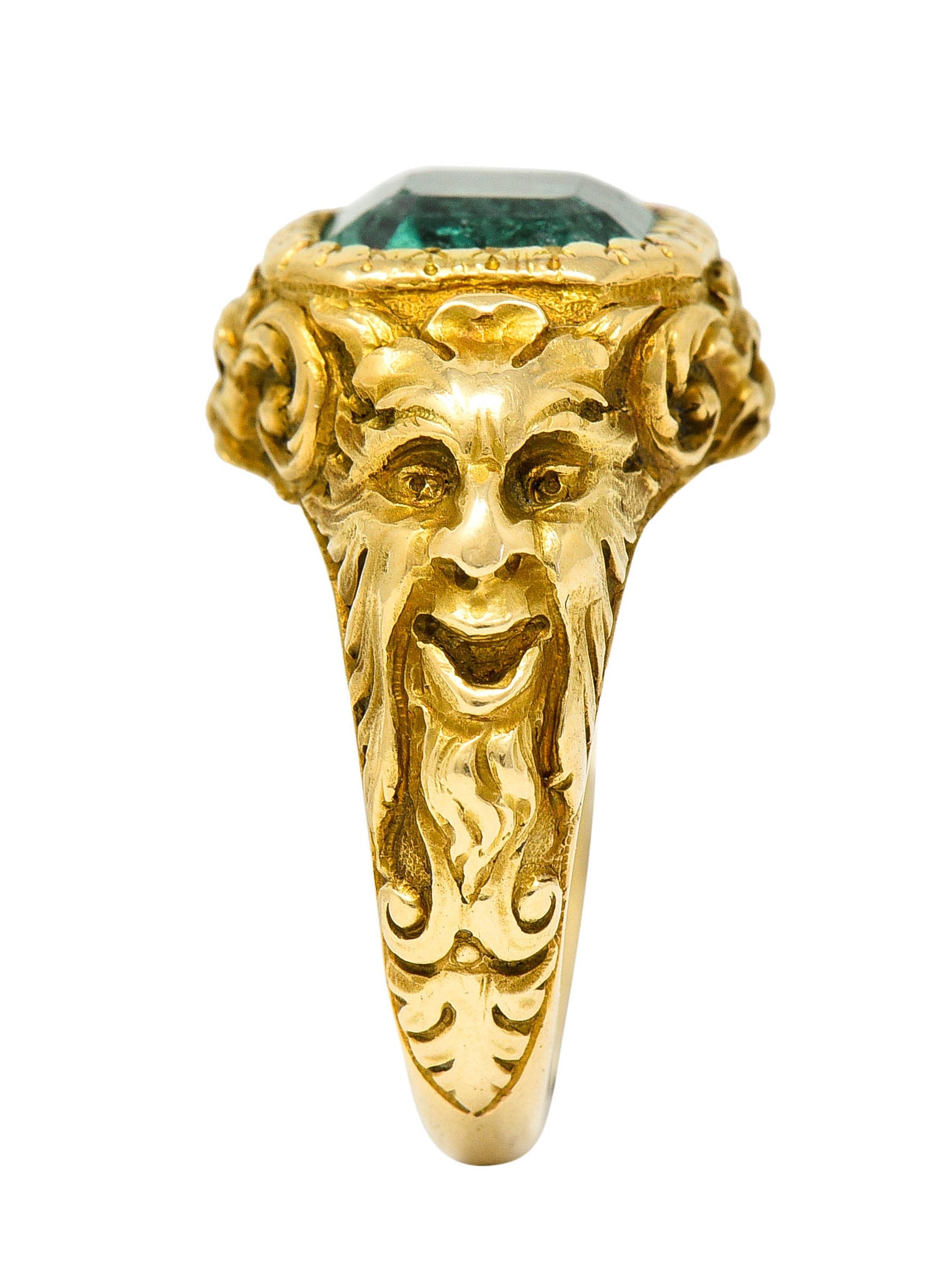 Art Nouveau Emerald 18 Karat Gold Green Man Unisex Men's Signet RingRing - Wilson's Estate Jewelry