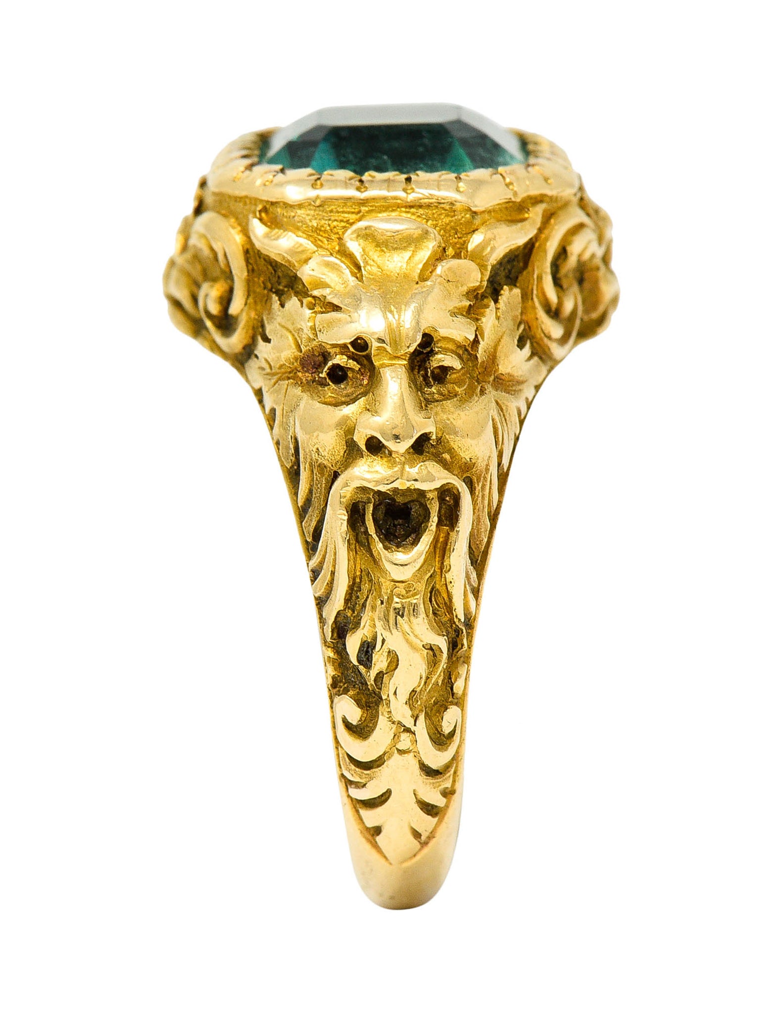 Art Nouveau Emerald 18 Karat Gold Green Man Unisex Men's Signet RingRing - Wilson's Estate Jewelry