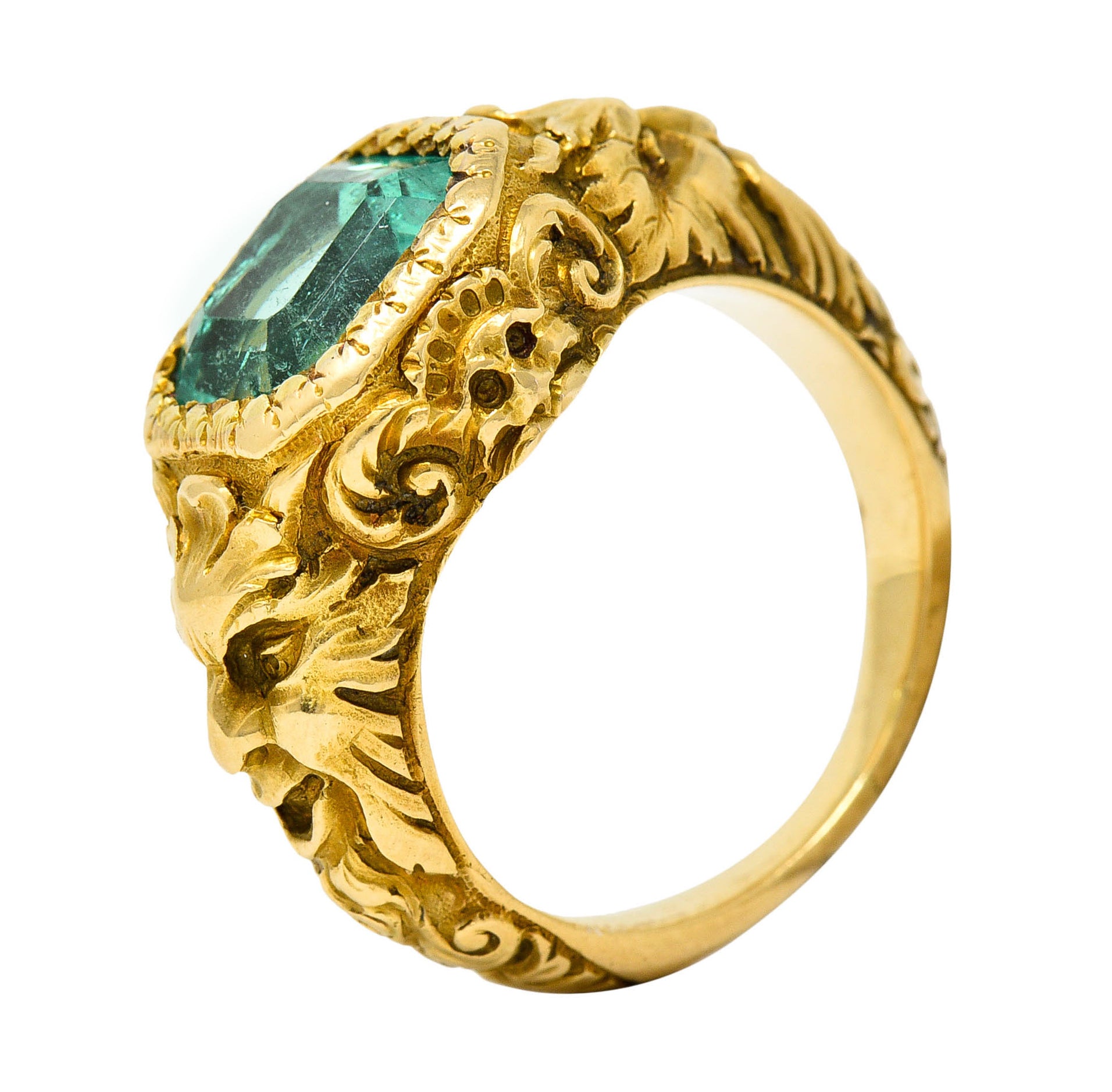 Art Nouveau Emerald 18 Karat Gold Green Man Unisex Men's Signet RingRing - Wilson's Estate Jewelry