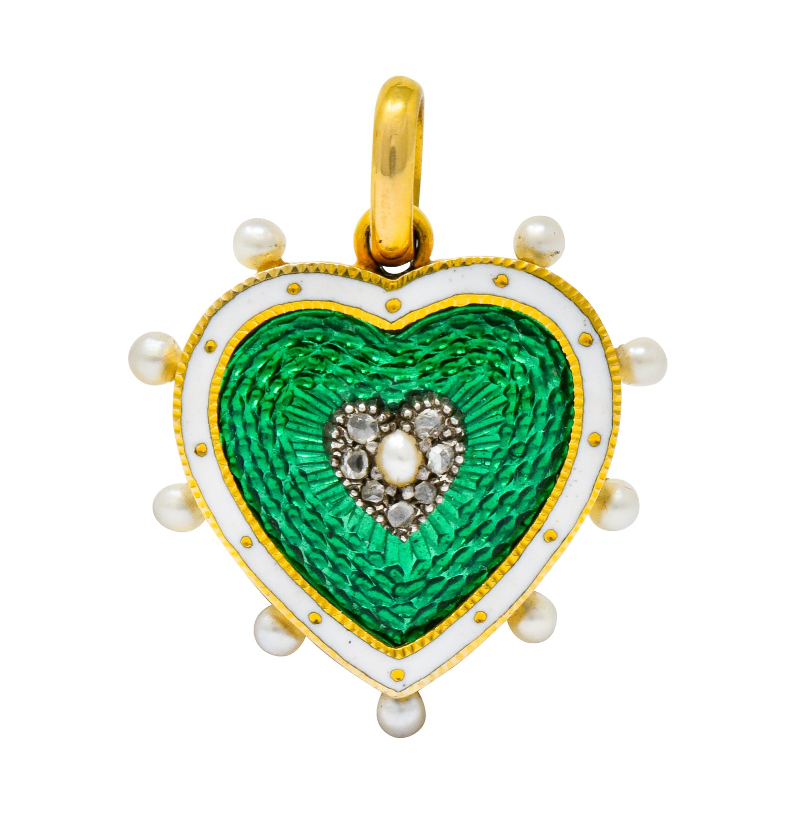 Victorian Green Enamel Pearl Diamond 18 Karat Gold Heart Pendant - Wilson's Estate Jewelry