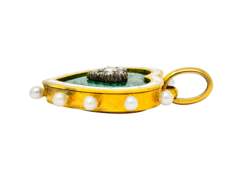 Victorian Green Enamel Pearl Diamond 18 Karat Gold Heart Pendant - Wilson's Estate Jewelry