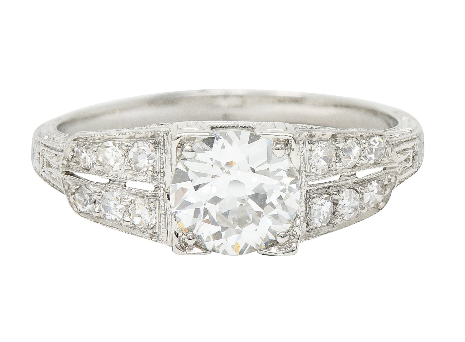 Art Deco 1.14 CTW Old European Diamond Platinum Foliate Engagement Ring GIA Wilson's Estate Jewelry