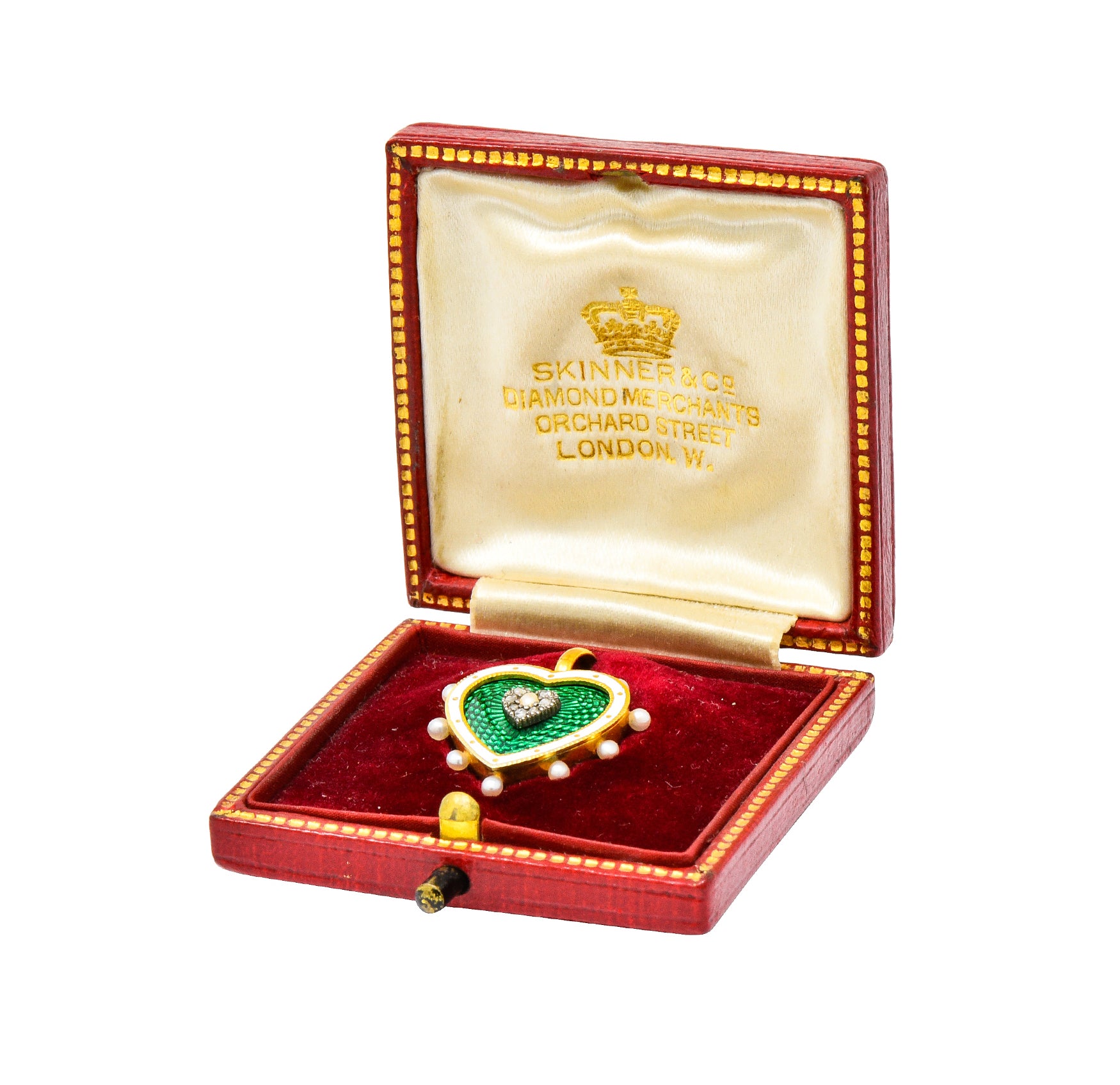 Victorian Green Enamel Pearl Diamond 18 Karat Gold Heart Pendant - Wilson's Estate Jewelry