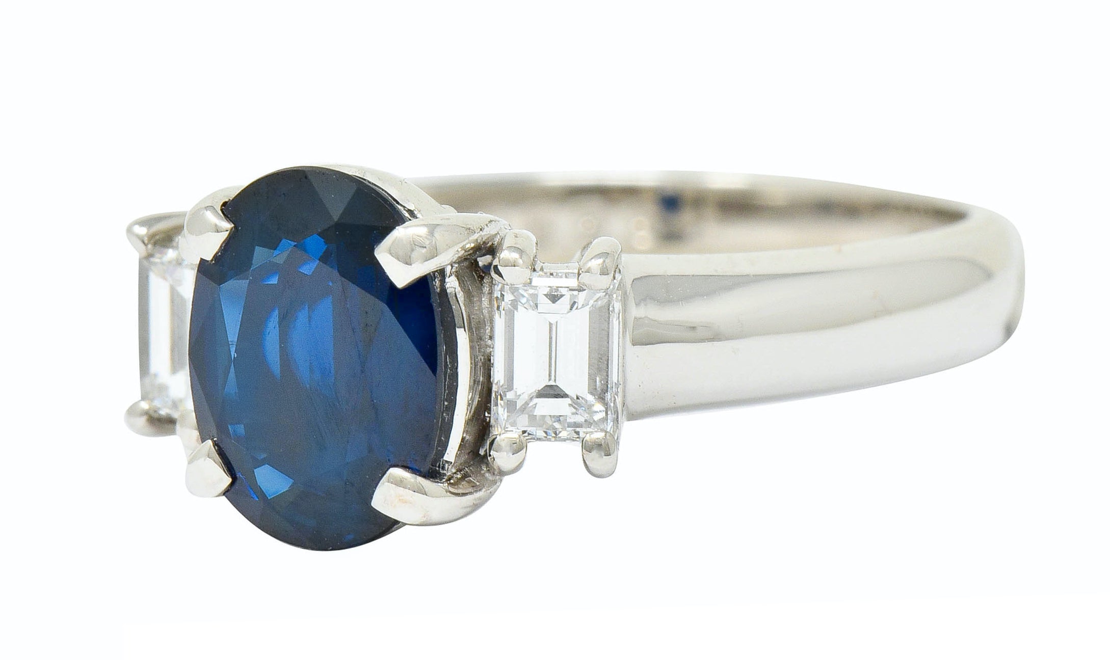 Contemporary 2.08 CTW Sapphire Diamond Platinum Three Stone RingRing - Wilson's Estate Jewelry