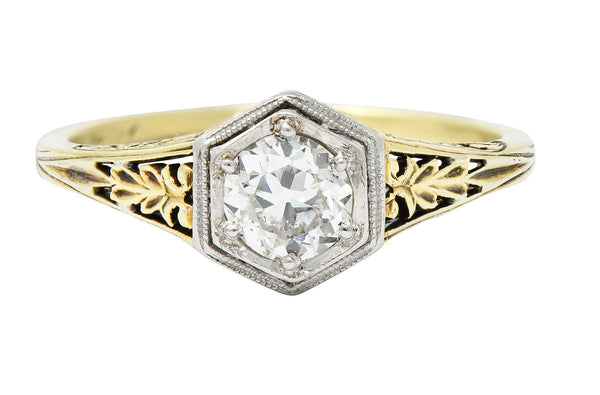 Edwardian 0.48 CTW Diamond Platinum-Topped 14 Karat Gold Hexagonal Engagement RingRing - Wilson's Estate Jewelry