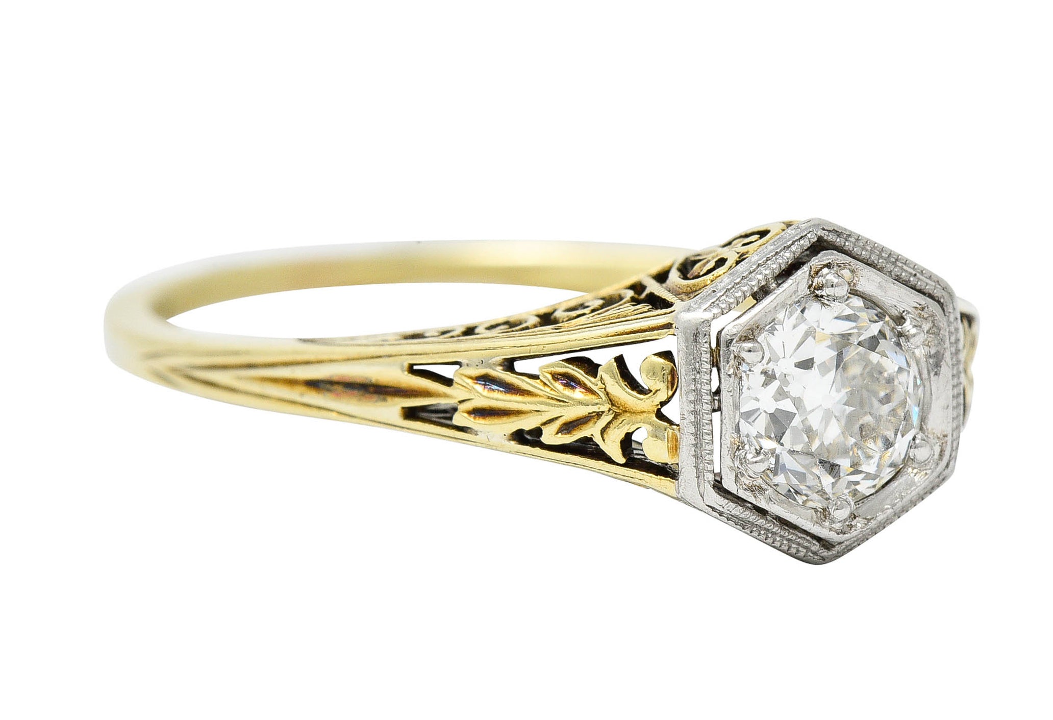 Edwardian 0.48 CTW Diamond Platinum-Topped 14 Karat Gold Hexagonal Engagement RingRing - Wilson's Estate Jewelry