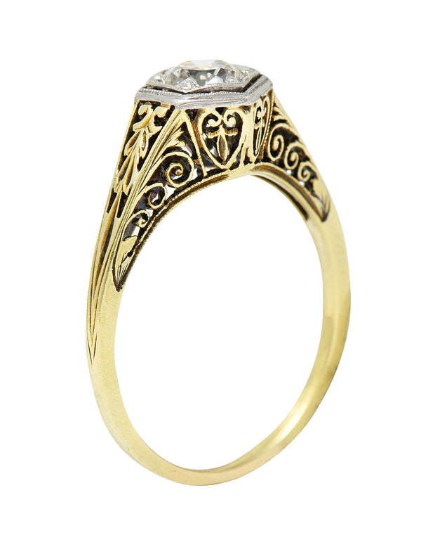 Edwardian 0.48 CTW Diamond Platinum-Topped 14 Karat Gold Hexagonal Engagement RingRing - Wilson's Estate Jewelry