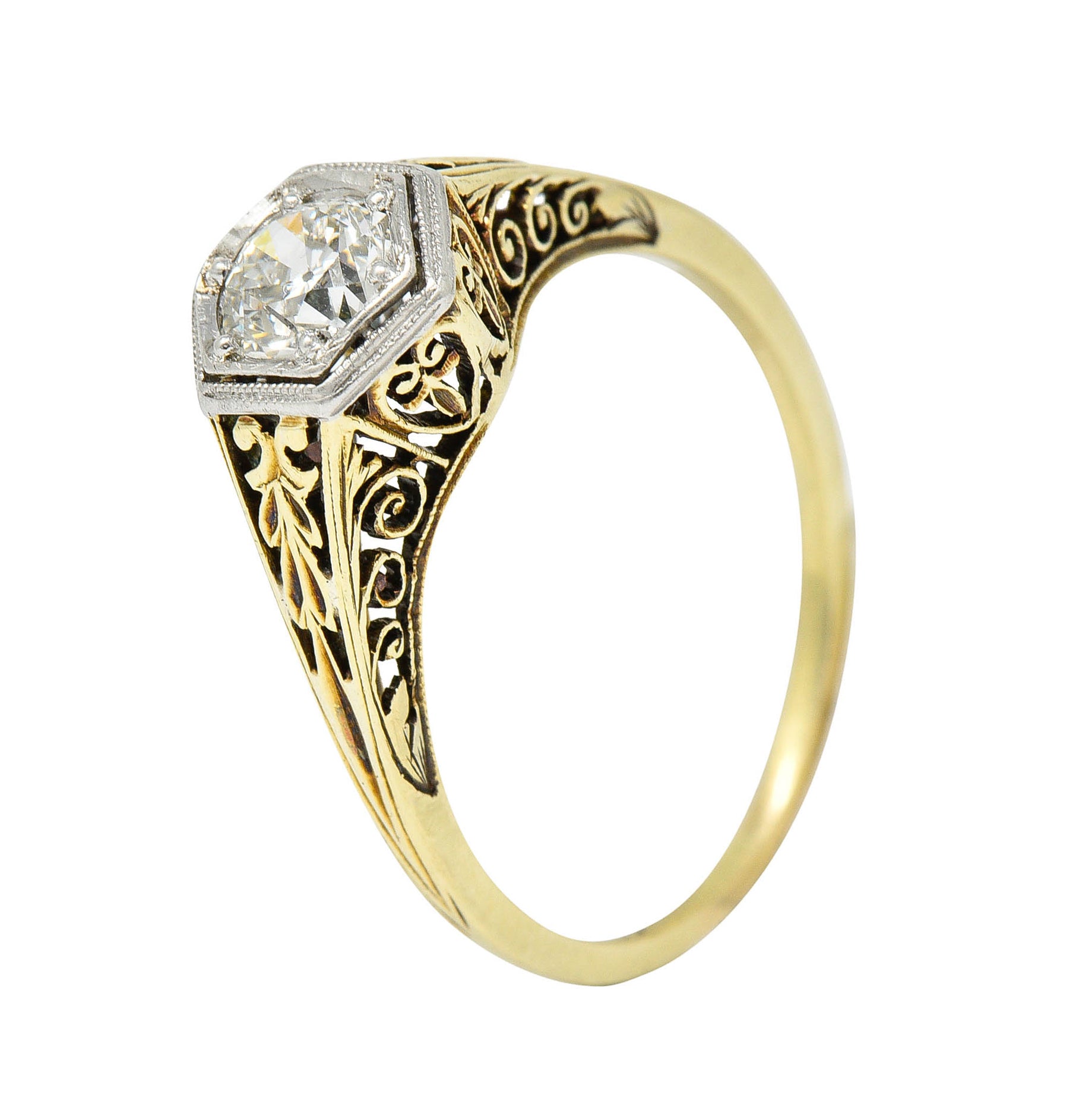 Edwardian 0.48 CTW Diamond Platinum-Topped 14 Karat Gold Hexagonal Engagement RingRing - Wilson's Estate Jewelry