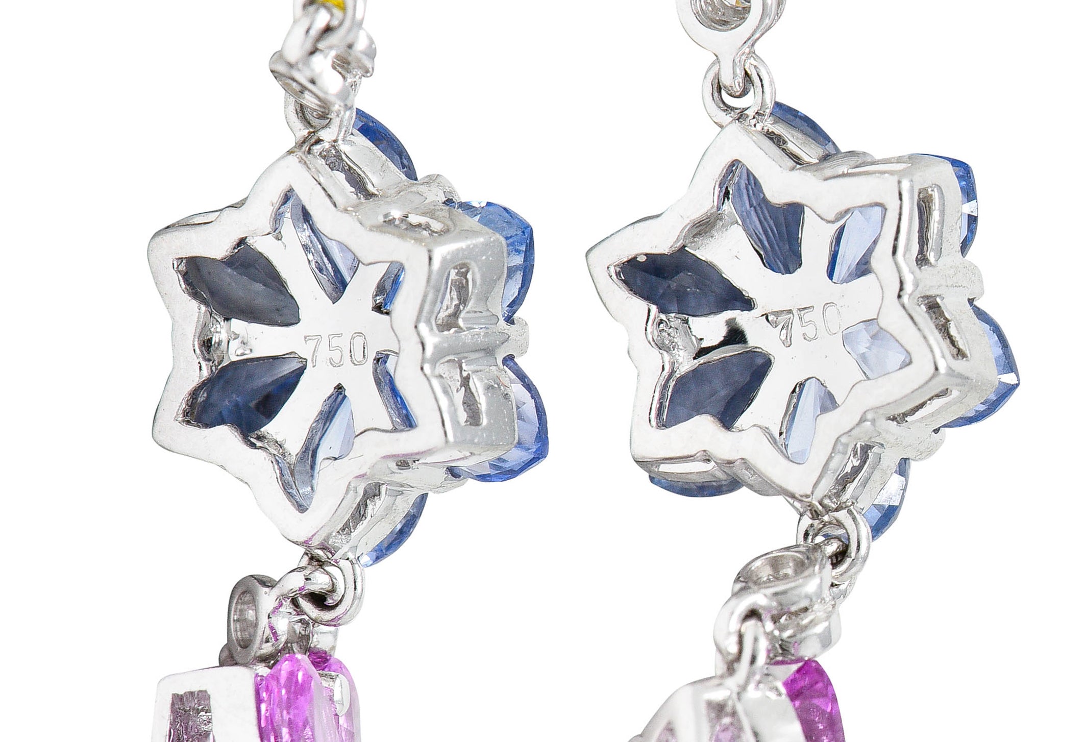 Contemporary 6.15 CTW Colored Sapphire Diamond 18 Karat White Gold Flower Drop EarringsEarrings - Wilson's Estate Jewelry