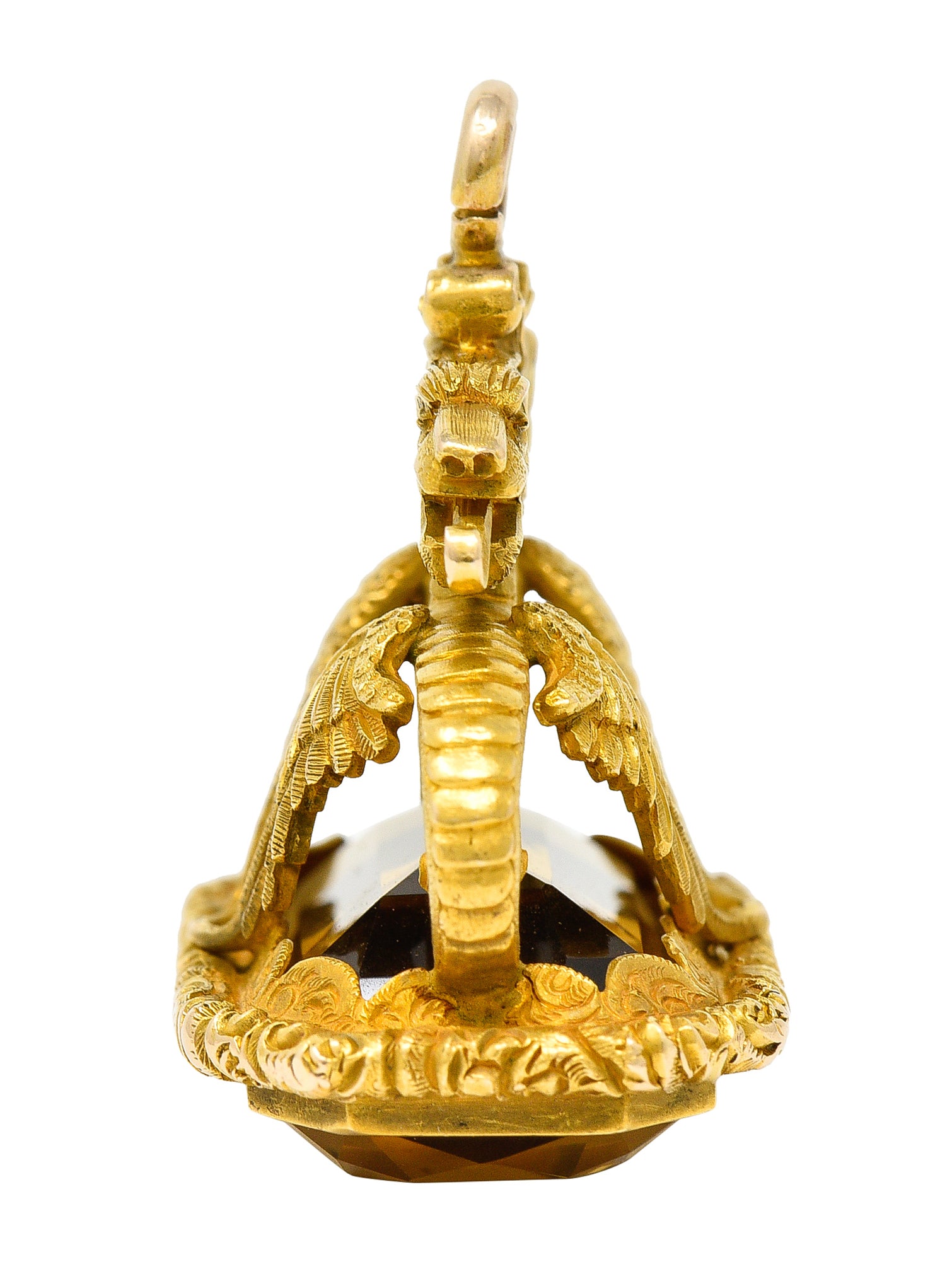 Art Nouveau Citrine 18 Karat Yellow Gold Serpent Dragon Fob Pendant Charm Wilson's Estate Jewelry