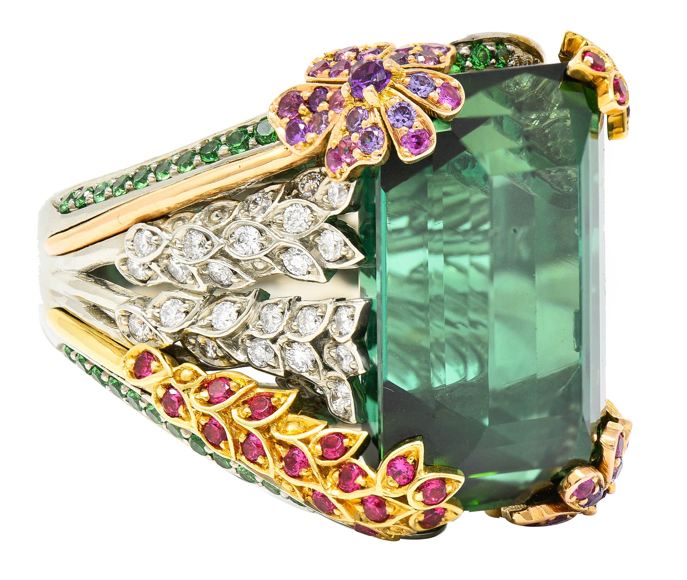 Substantial 28.59 CTW Tourmaline Sapphire Tsavorite Garnet Diamond 19 Karat Yellow Gold Contemporary Cocktail Ring Wilson's Estate Jewelry