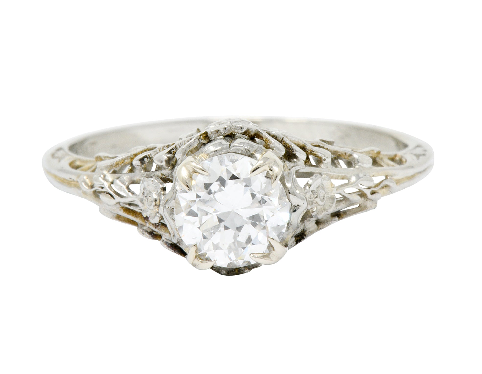 Edwardian 0.73 CTW Diamond 18 Karat White Gold Floral Engagement Ring GIA Wilson's Estate Jewelry