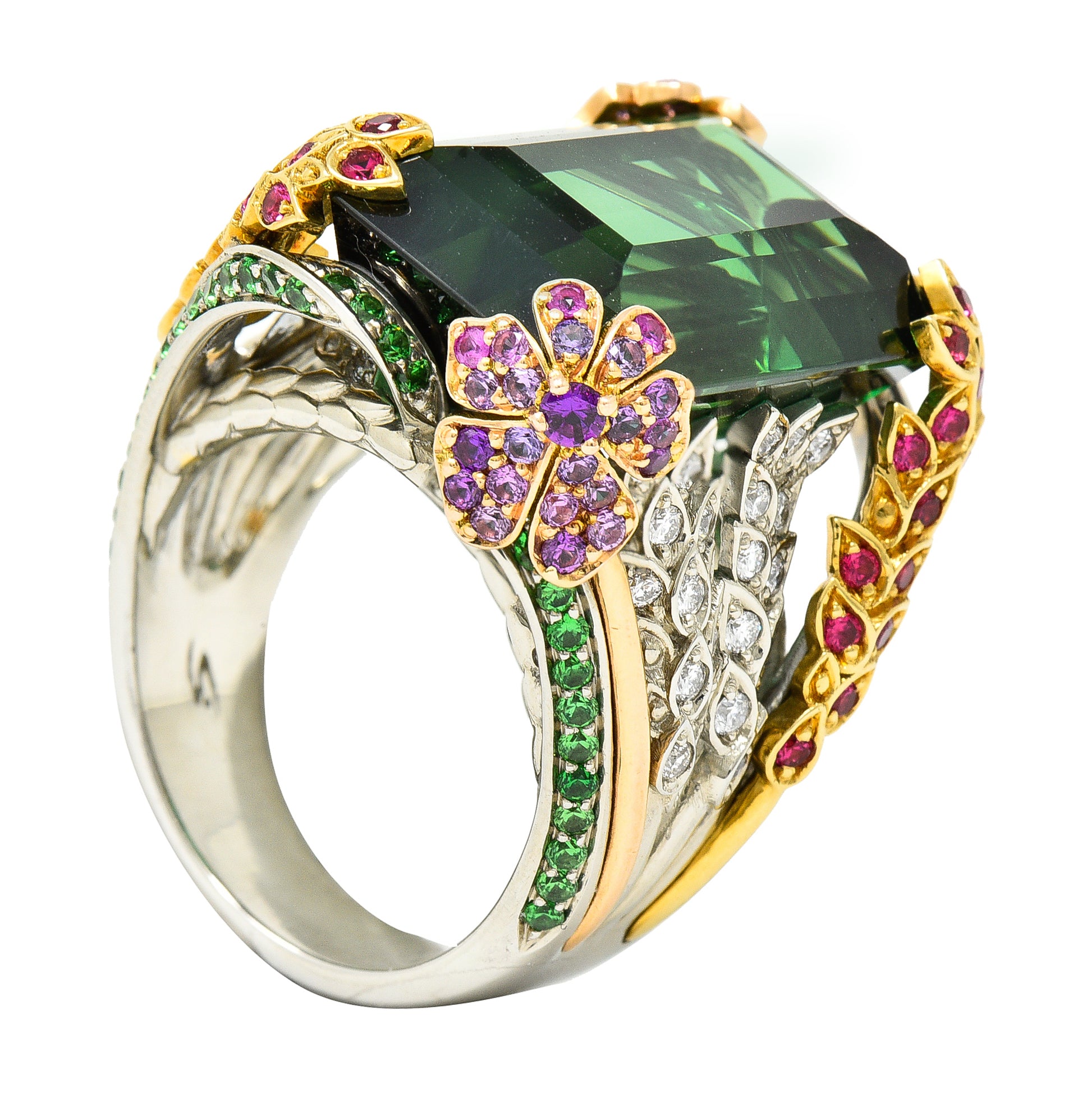 Substantial 28.59 CTW Tourmaline Sapphire Tsavorite Garnet Diamond 19 Karat Yellow Gold Contemporary Cocktail Ring Wilson's Estate Jewelry