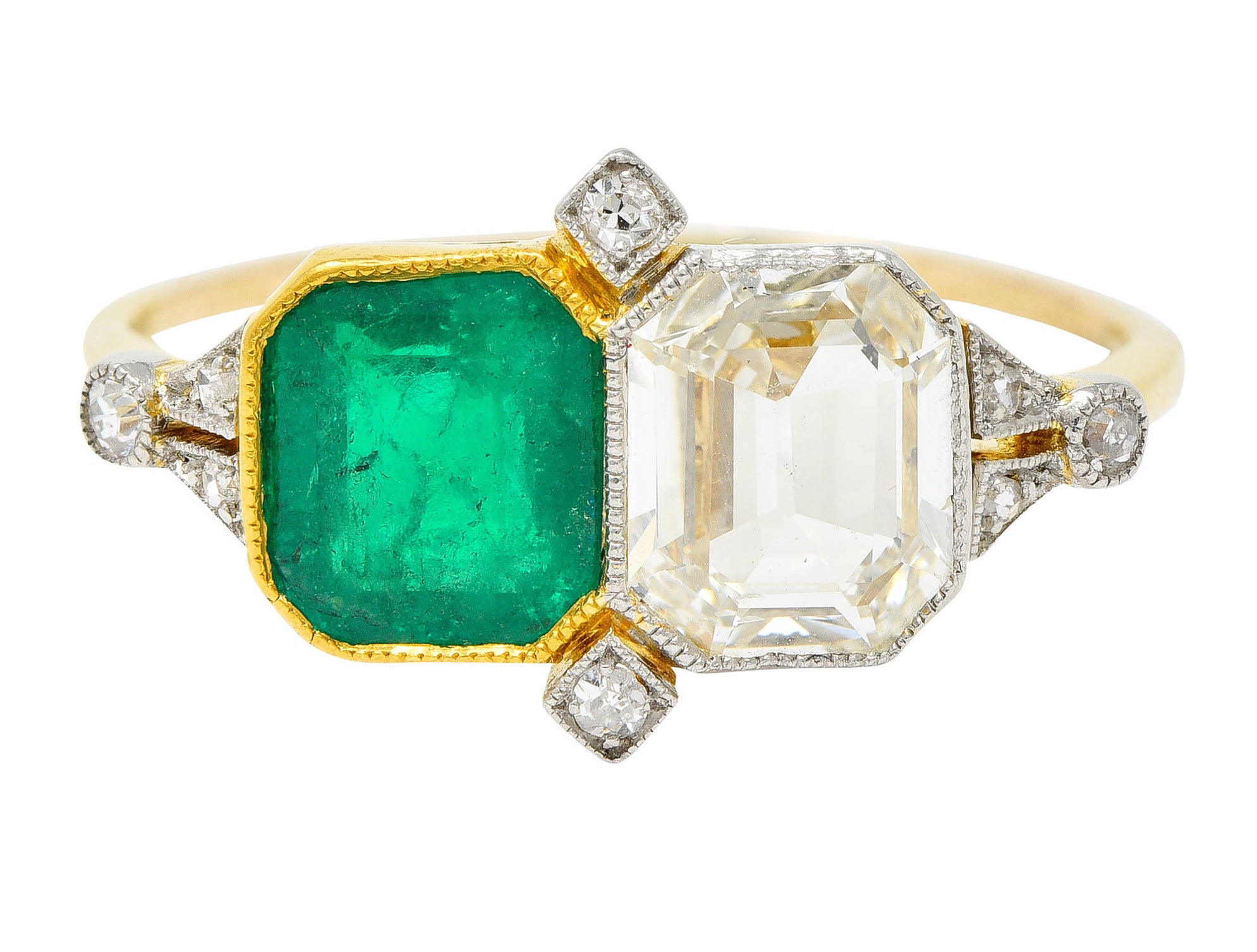 1920's Art Deco Diamond Emerald Platinum-Topped 18 Karat Gold Double RingRing - Wilson's Estate Jewelry