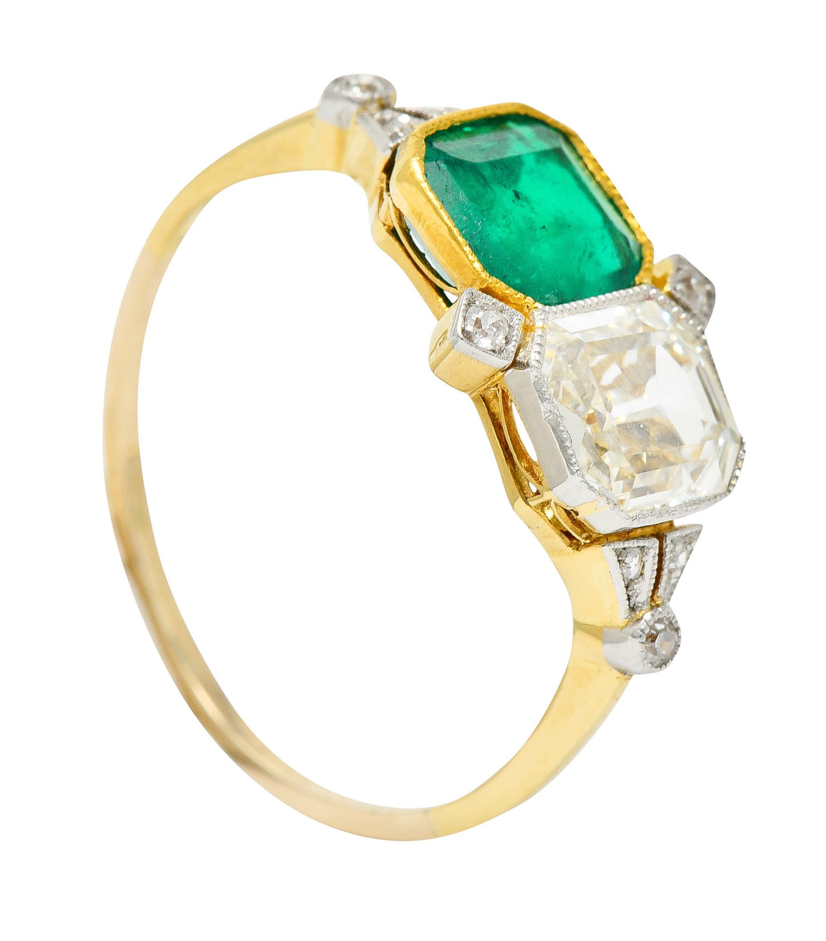 1920's Art Deco Diamond Emerald Platinum-Topped 18 Karat Gold Double RingRing - Wilson's Estate Jewelry