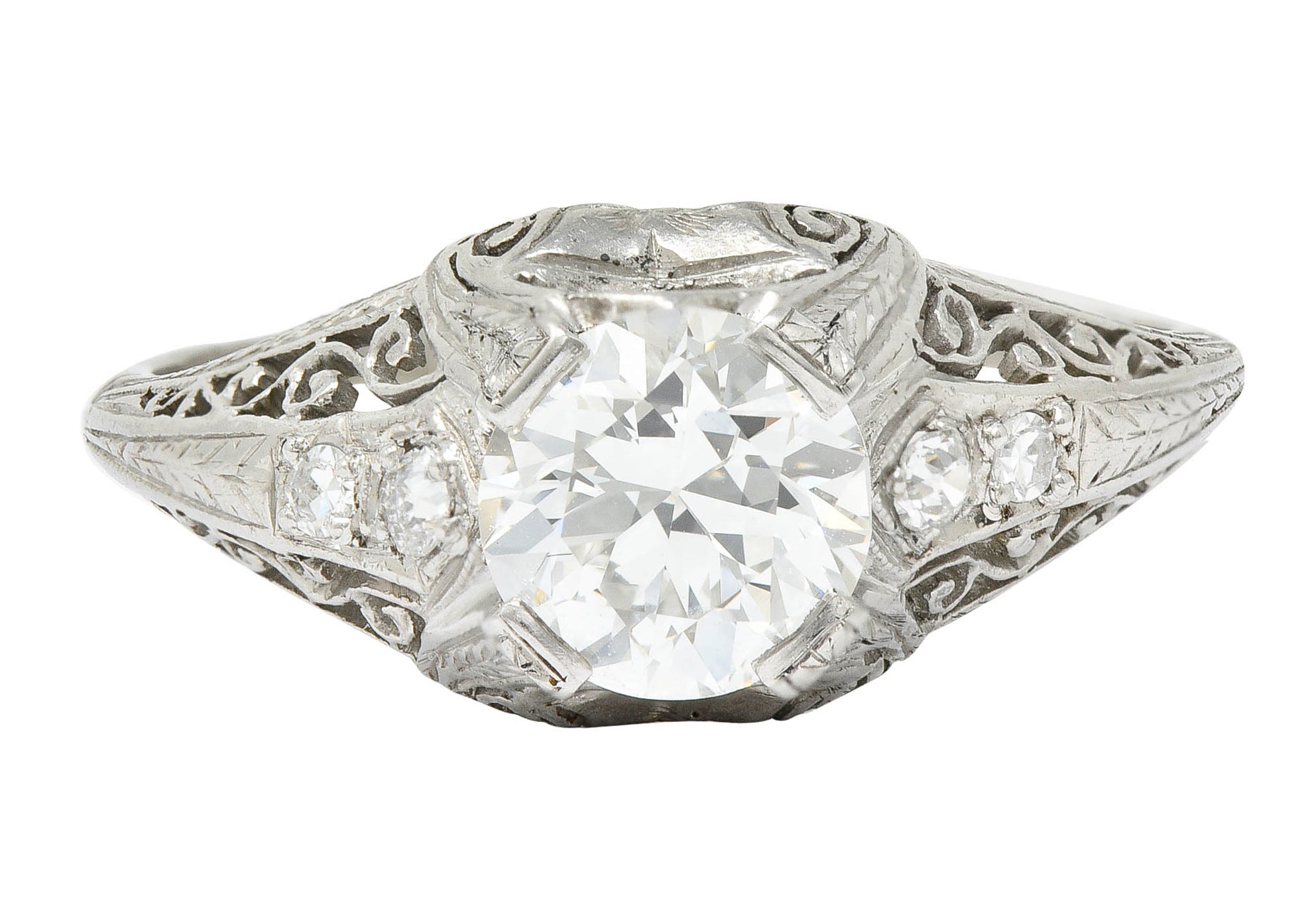 Edwardian 1.25 CTW Diamond Platinum Scrolled Engagement Ring GIARing - Wilson's Estate Jewelry