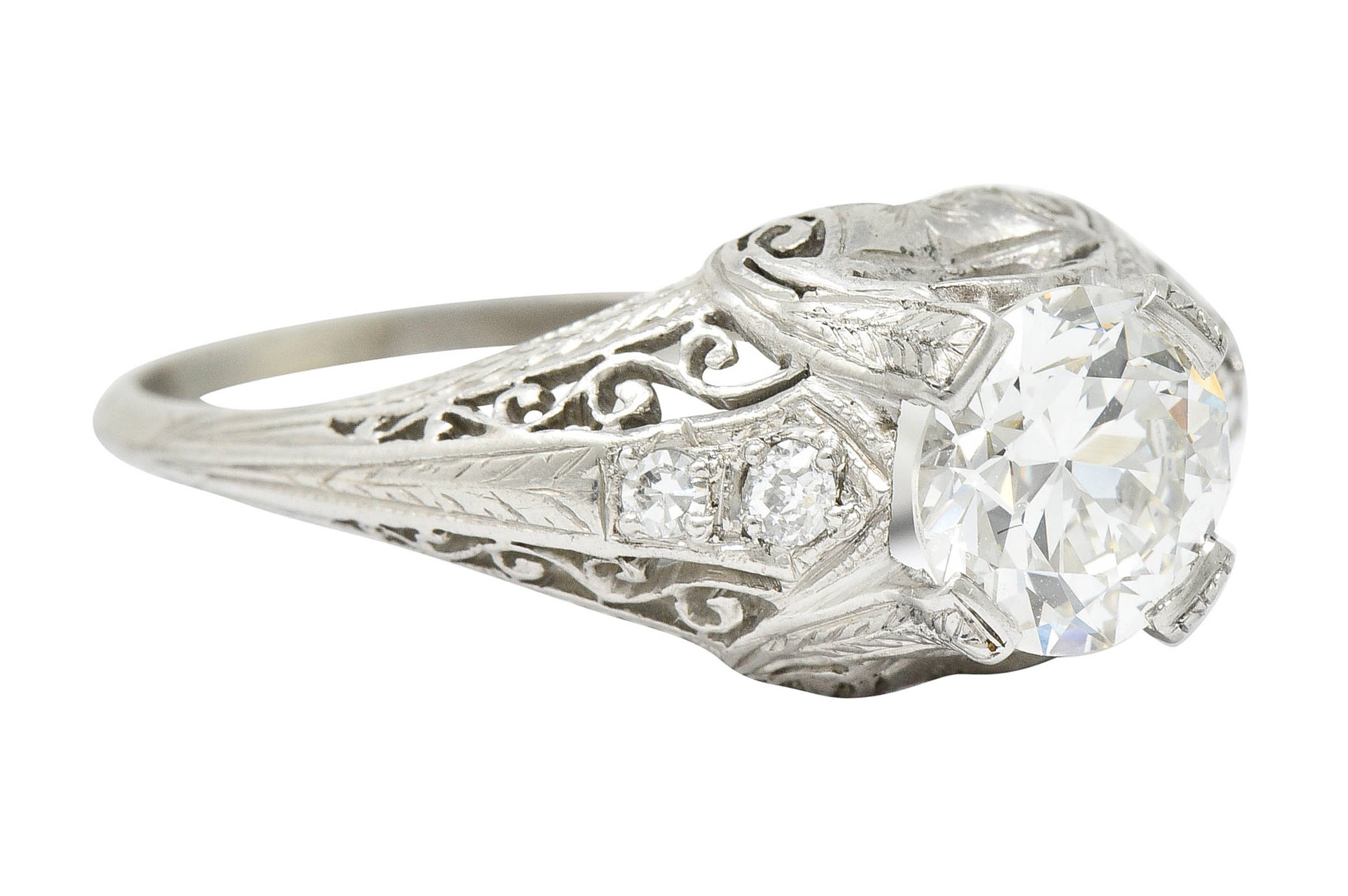 Edwardian 1.25 CTW Diamond Platinum Scrolled Engagement Ring GIARing - Wilson's Estate Jewelry