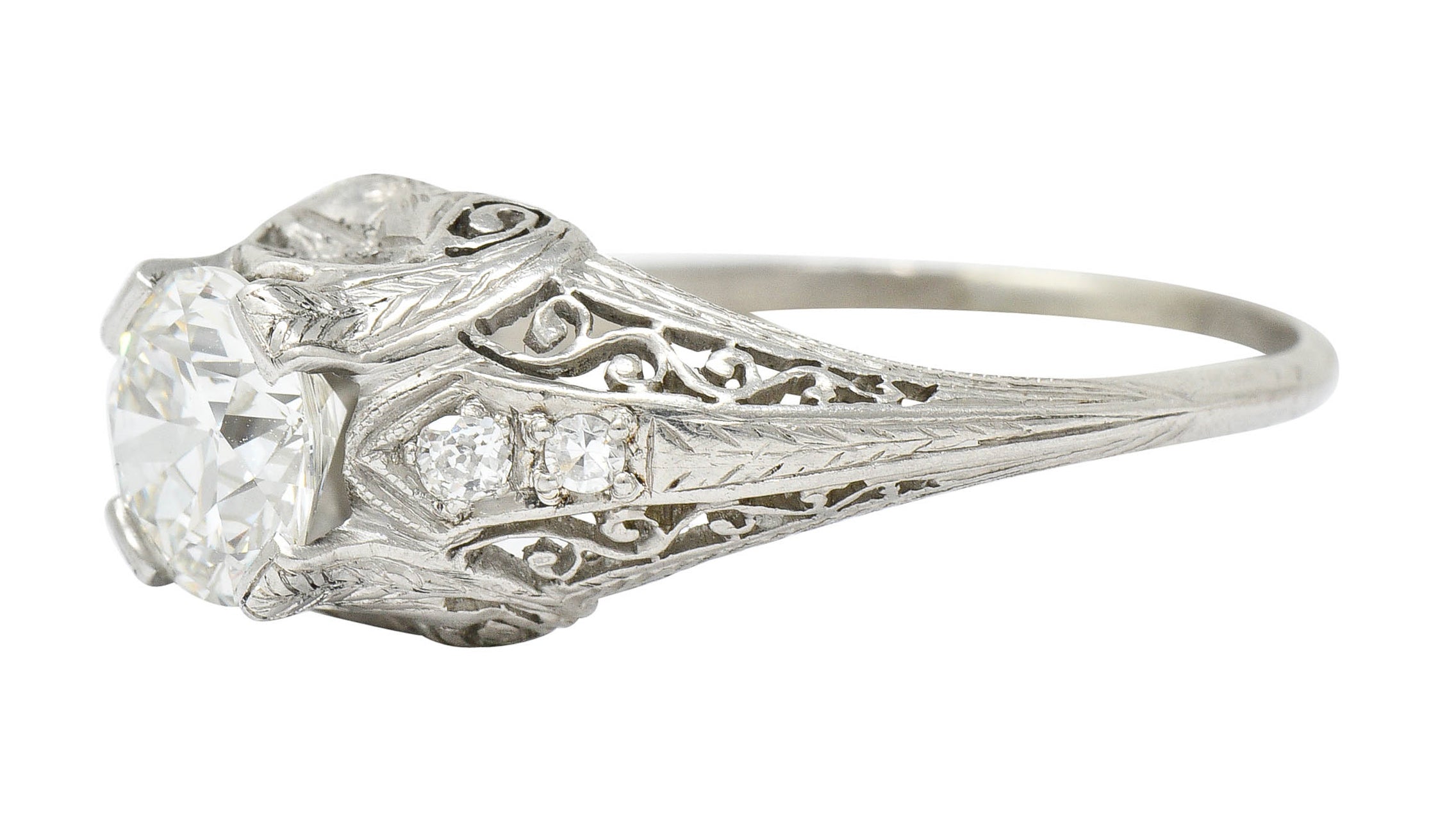 Edwardian 1.25 CTW Diamond Platinum Scrolled Engagement Ring GIARing - Wilson's Estate Jewelry