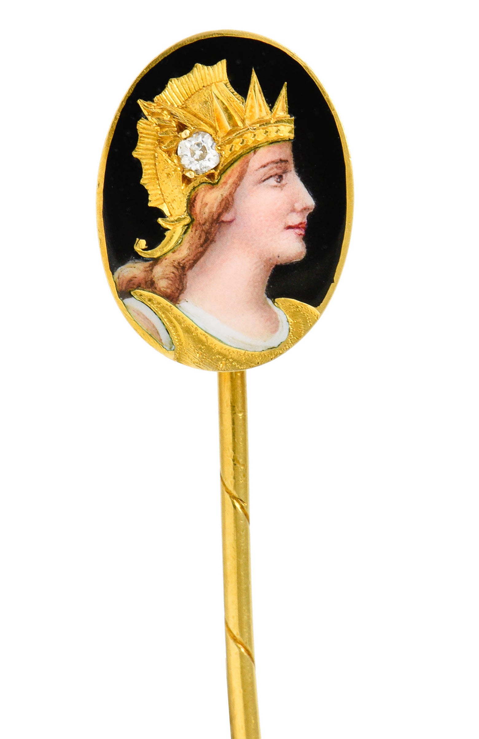 Art Nouveau Old Mine Diamond Enamel 18 Karat Gold Brunhilde Norse StickpinStick Pin - Wilson's Estate Jewelry