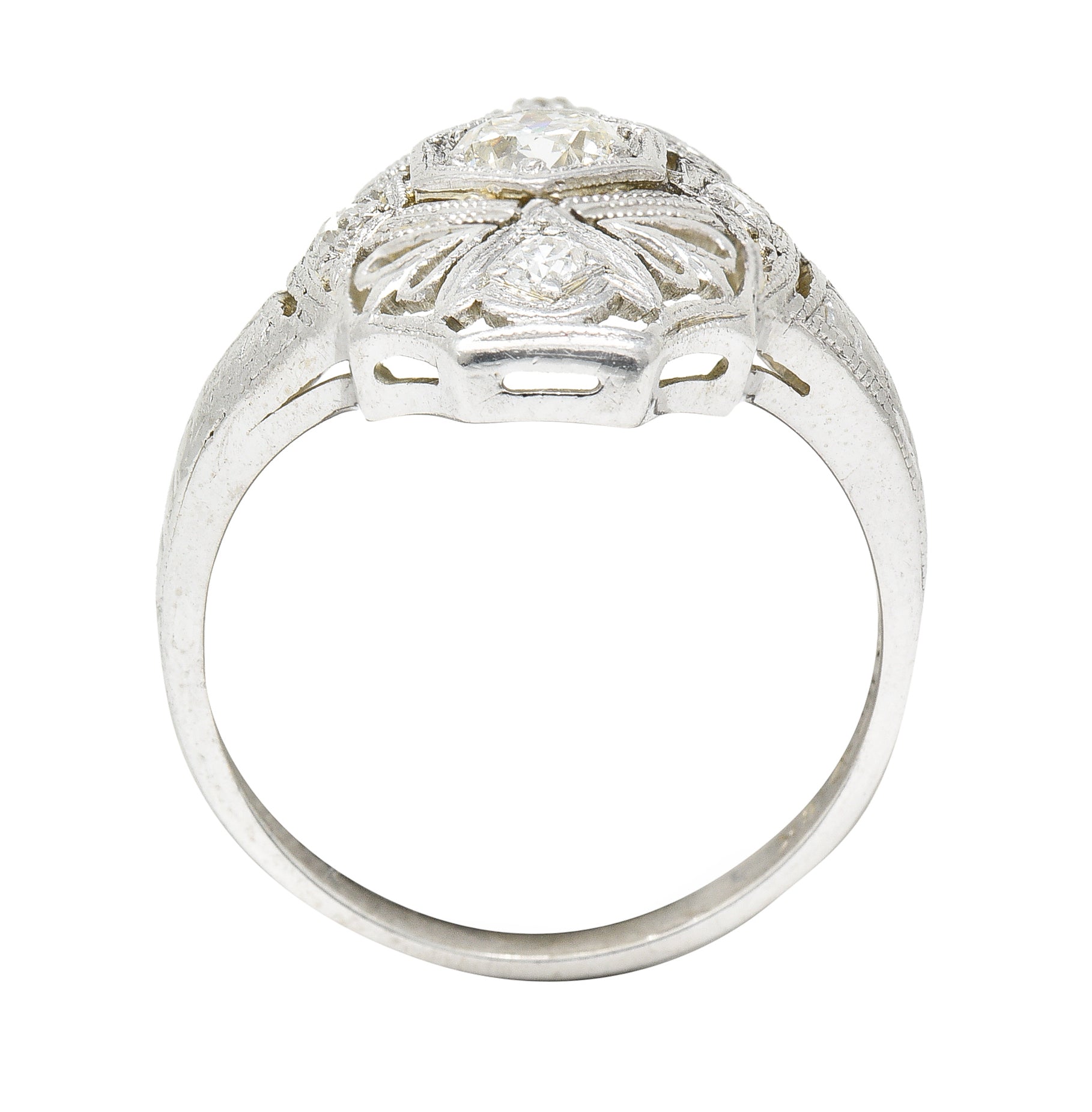 1950's Mid-Century Old European Cut Diamond 18 Karat White Gold Filigree Vintage Dinner Ring Wilson's Estate Jewelry