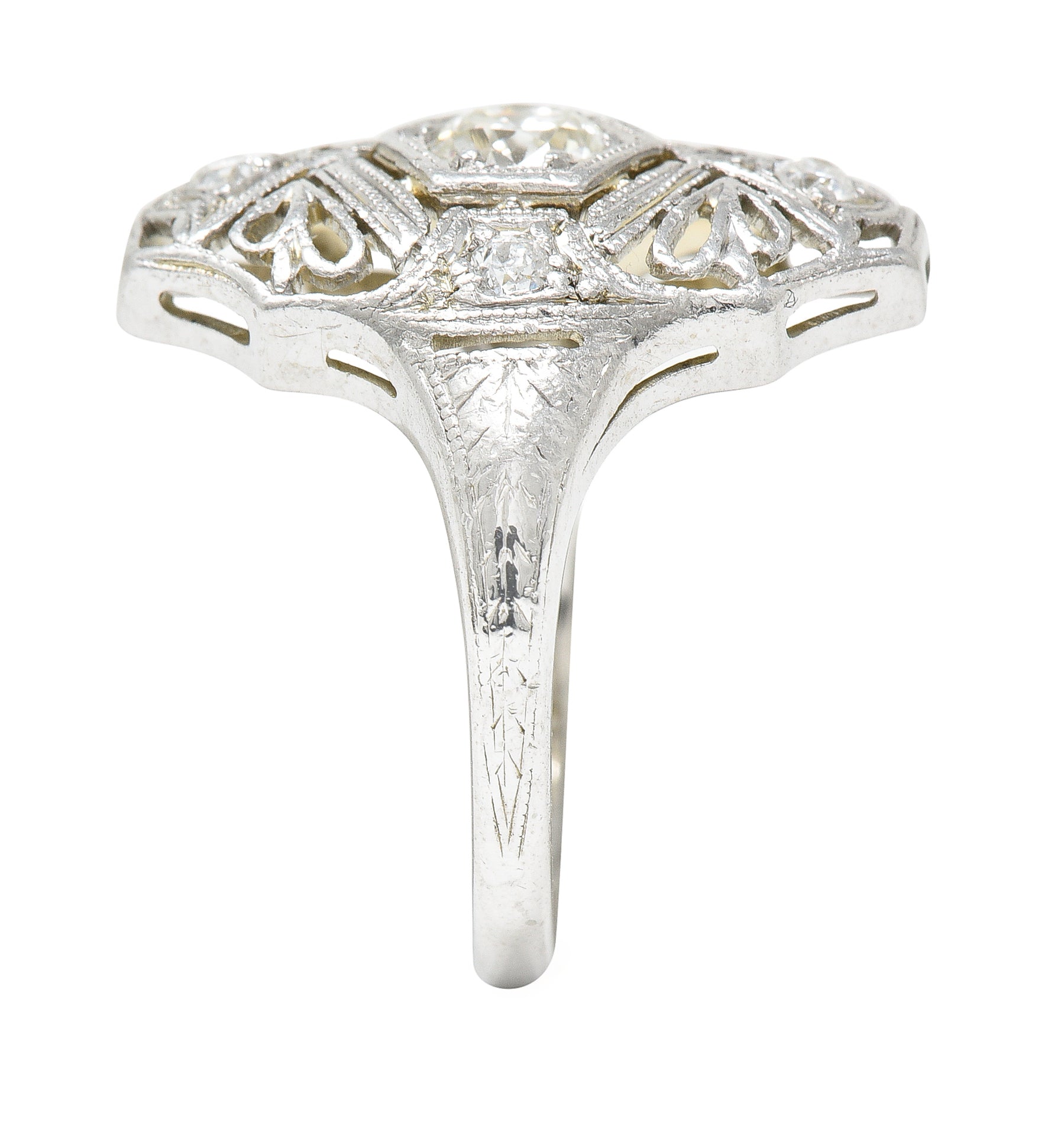 1950's Mid-Century Old European Cut Diamond 18 Karat White Gold Filigree Vintage Dinner Ring Wilson's Estate Jewelry