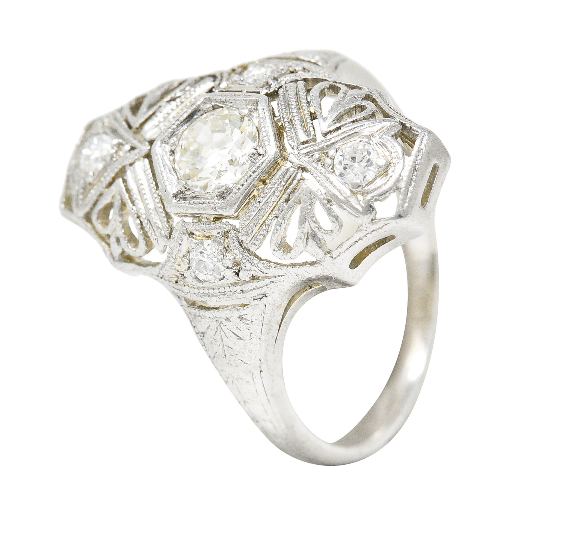 1950's Mid-Century Old European Cut Diamond 18 Karat White Gold Filigree Vintage Dinner Ring Wilson's Estate Jewelry