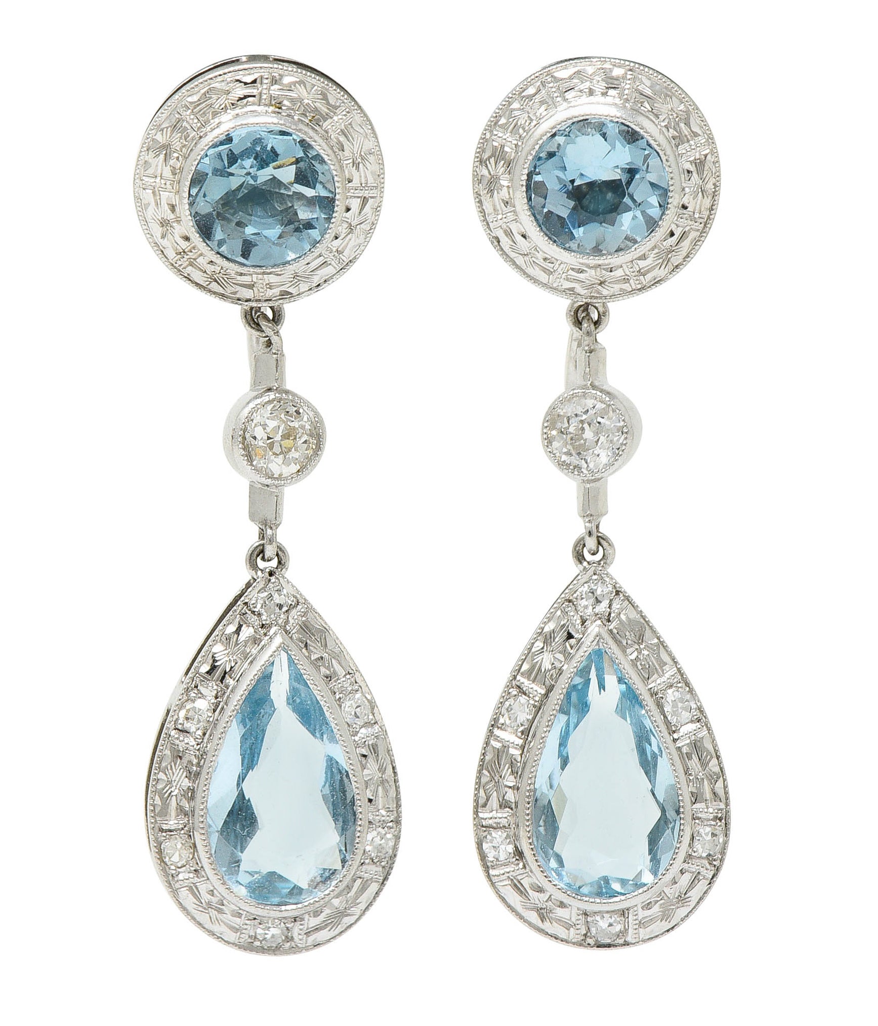 Art Deco Aquamarine Diamond Platinum Drop Screwback EarringsEarrings - Wilson's Estate Jewelry