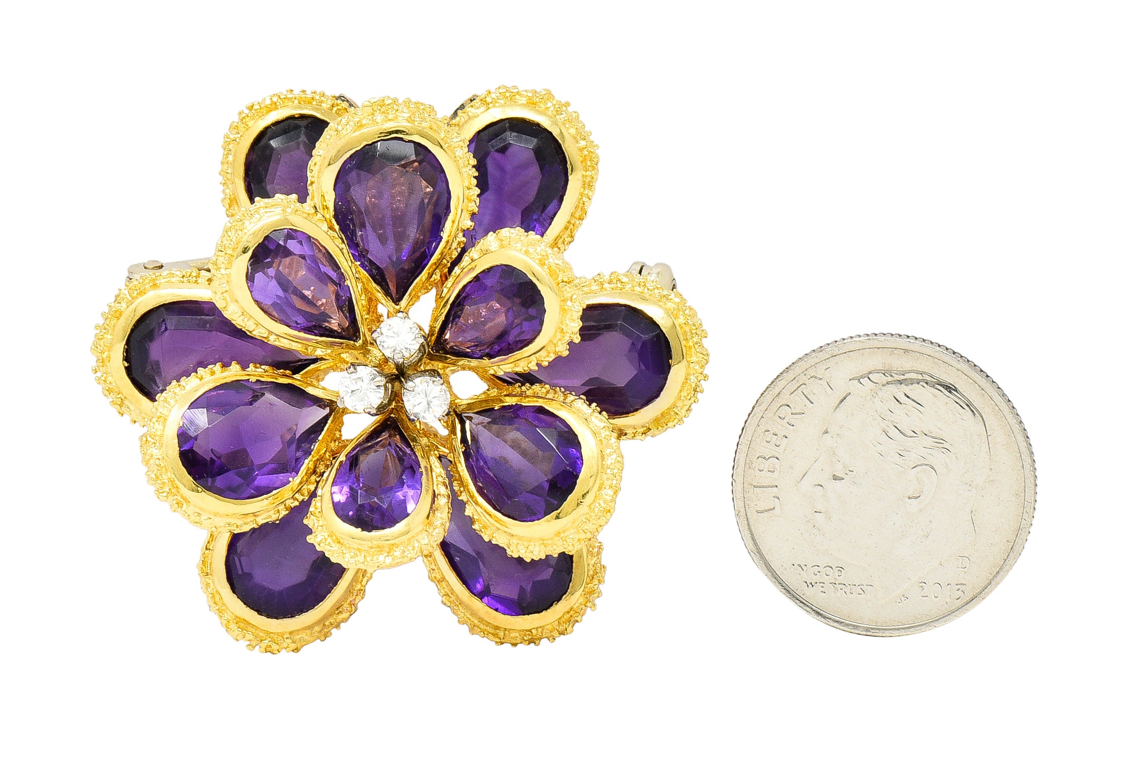 Vendorafa Lombardi 1960's Diamond Amethyst 18 Karat Two-Tone Gold Flower Vintage Pendant Brooch Wilson's Estate Jewelry