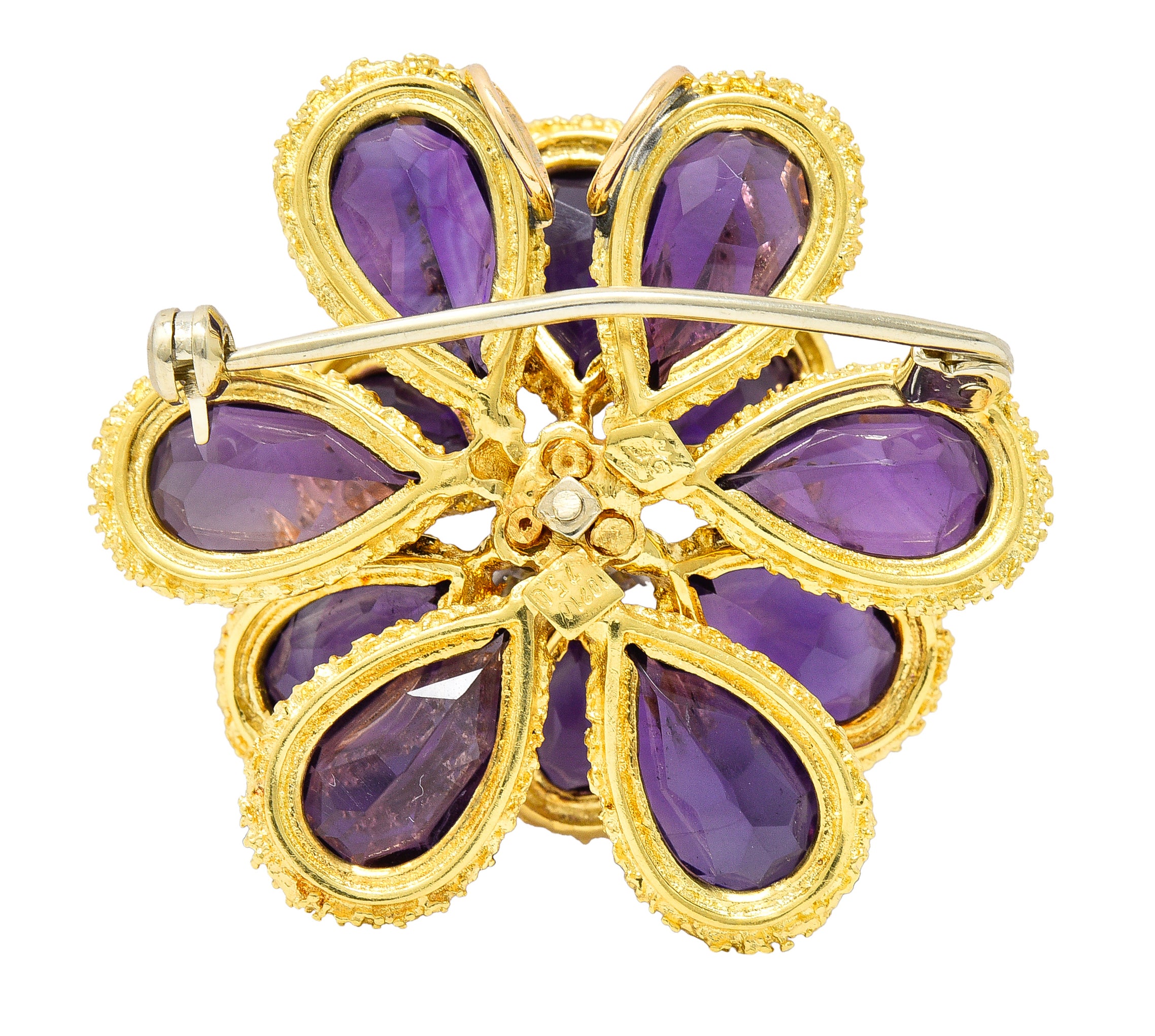 Vendorafa Lombardi 1960's Diamond Amethyst 18 Karat Two-Tone Gold Flower Vintage Pendant Brooch Wilson's Estate Jewelry