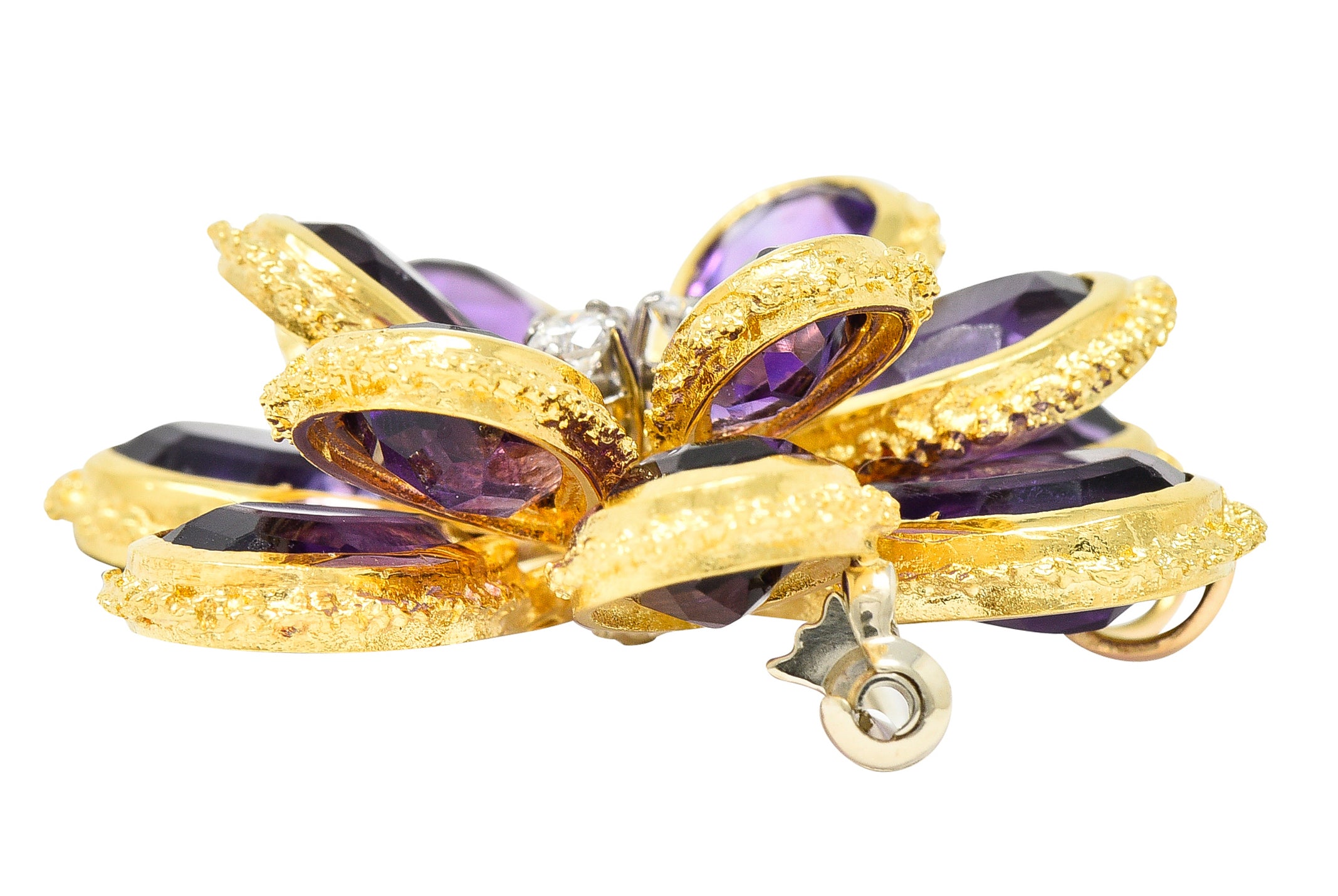 Vendorafa Lombardi 1960's Diamond Amethyst 18 Karat Two-Tone Gold Flower Vintage Pendant Brooch Wilson's Estate Jewelry