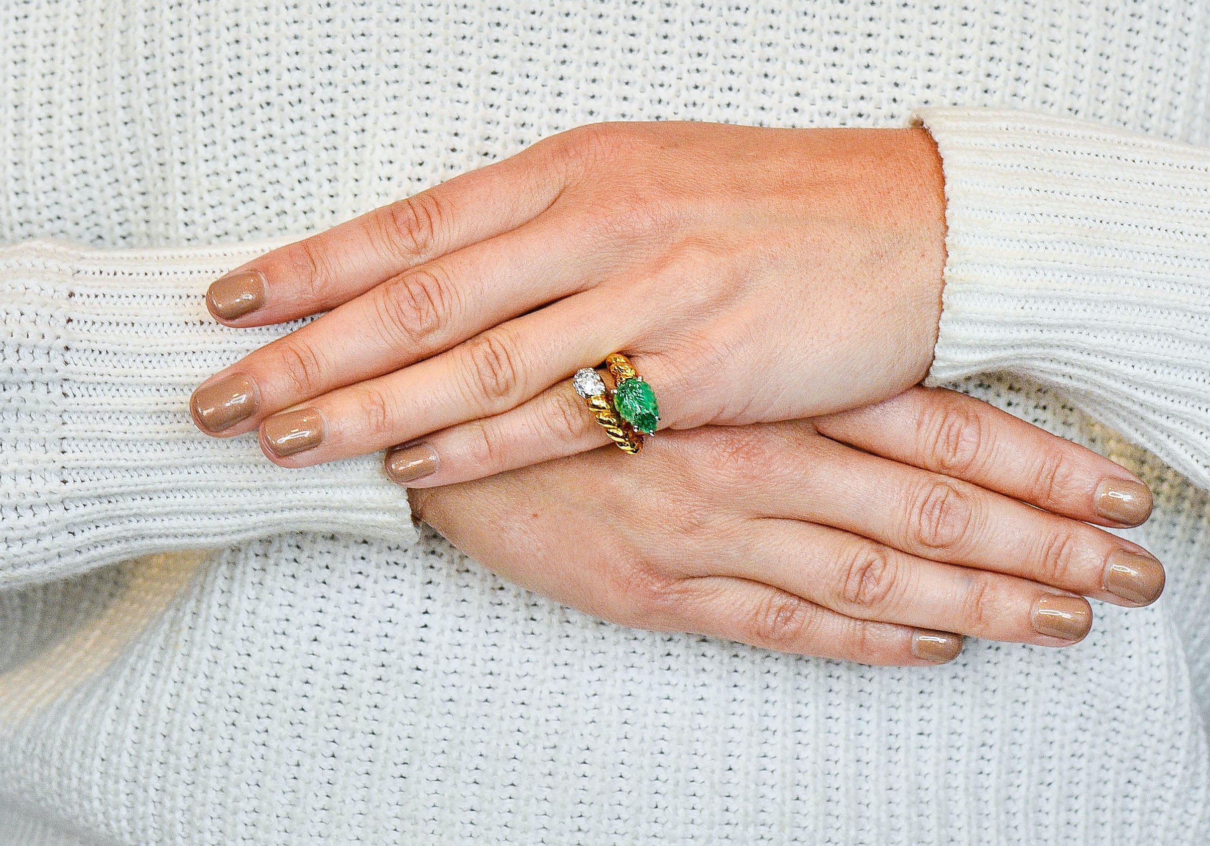 David Webb Carved Emerald Pave Diamond 18 Karat Gold Bypass RingRing - Wilson's Estate Jewelry