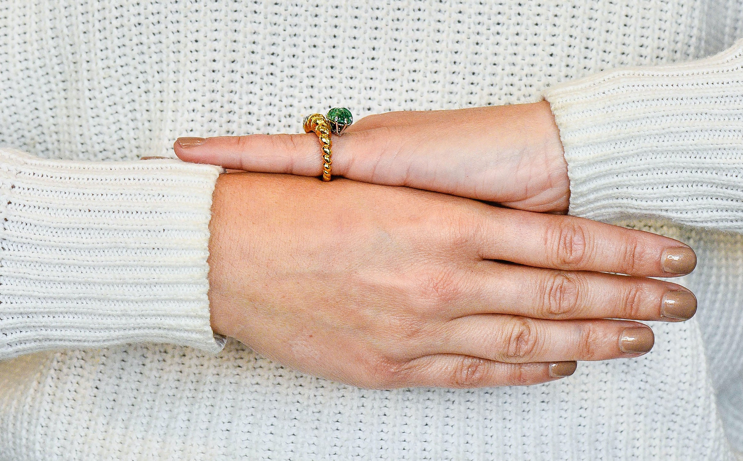 David Webb Carved Emerald Pave Diamond 18 Karat Gold Bypass RingRing - Wilson's Estate Jewelry